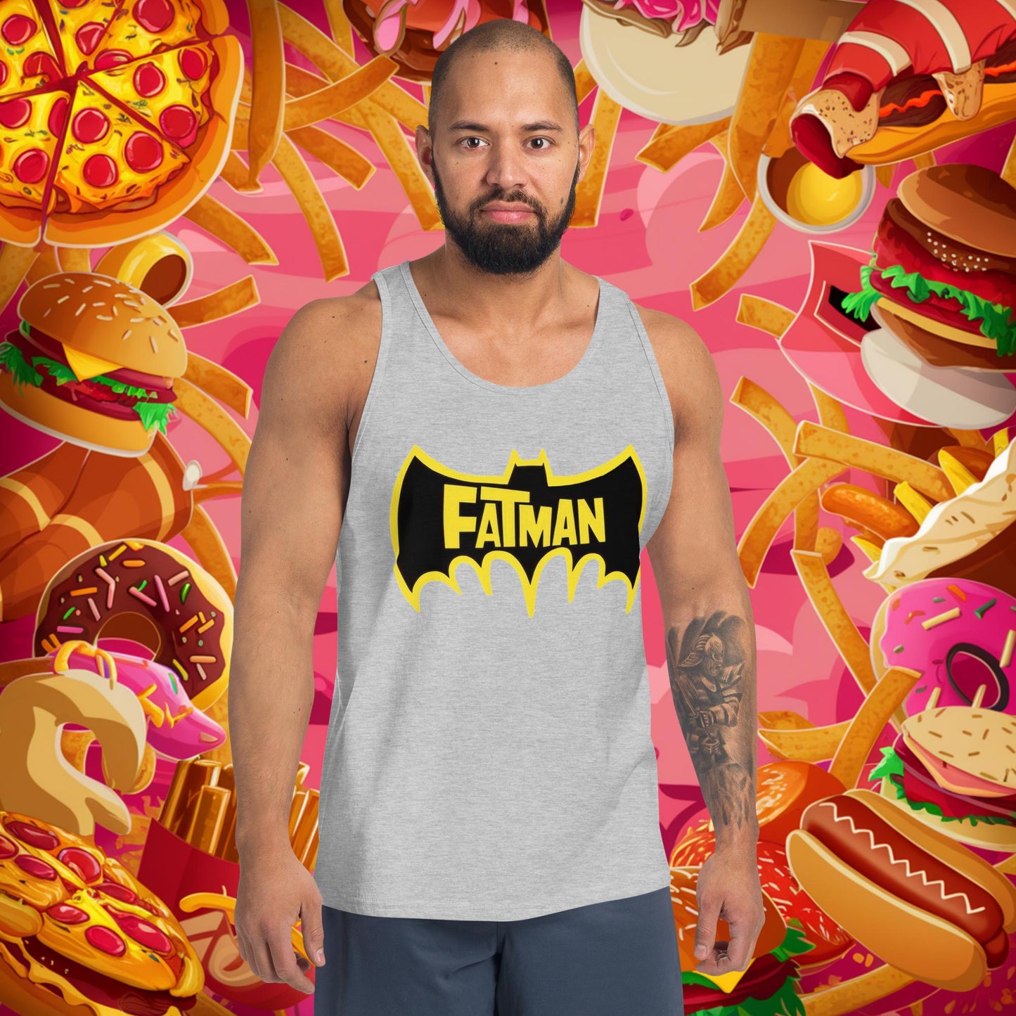 FatMan Funny Fat Superhero Tank Top Athletic Heather Tank Tops Batman Movies Superheroes Next Cult Brand