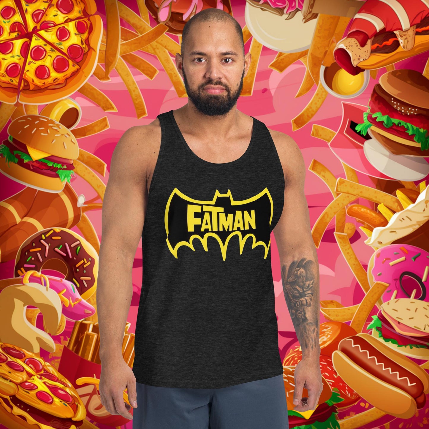 FatMan Funny Fat Superhero Tank Top Charcoal-Black Triblend Tank Tops Batman Movies Superheroes Next Cult Brand