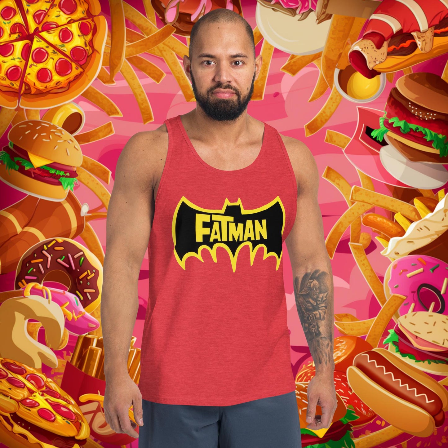FatMan Funny Fat Superhero Tank Top Red Triblend Tank Tops Batman Movies Superheroes Next Cult Brand