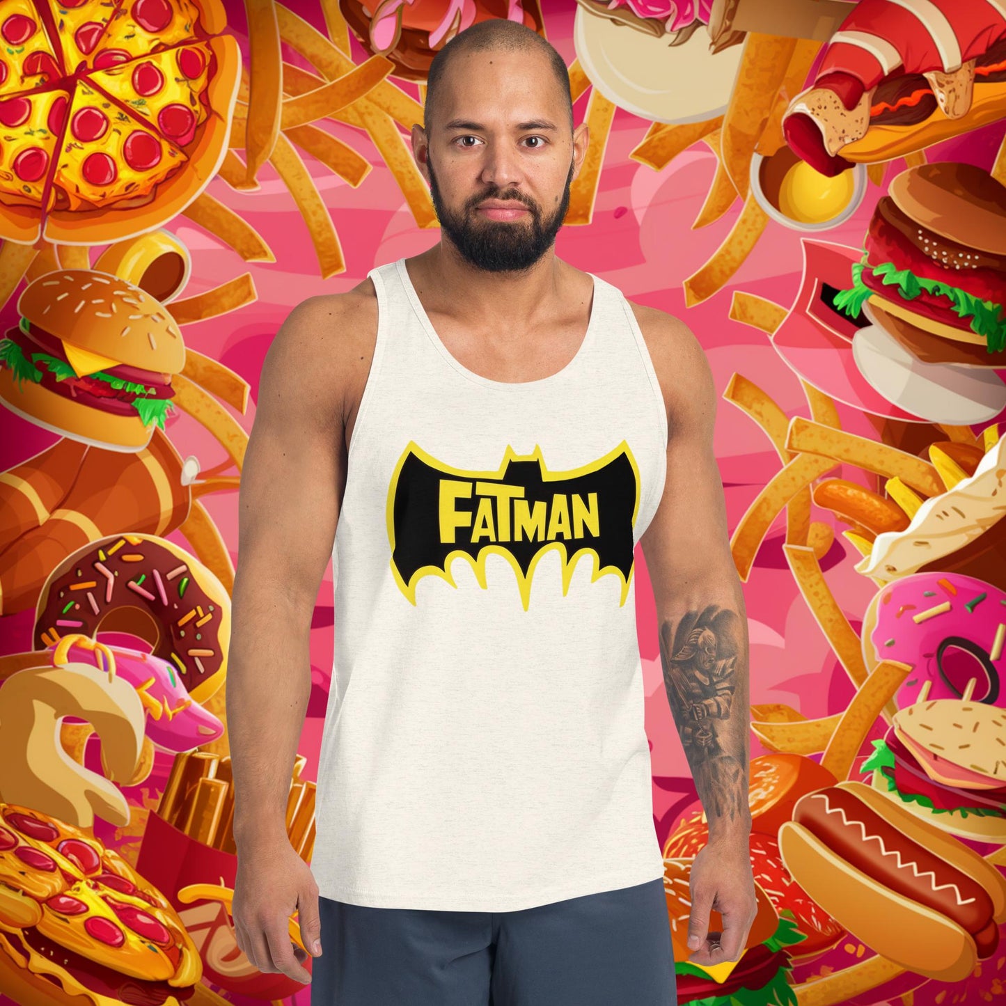 FatMan Funny Fat Superhero Tank Top Oatmeal Triblend Tank Tops Batman Movies Superheroes Next Cult Brand