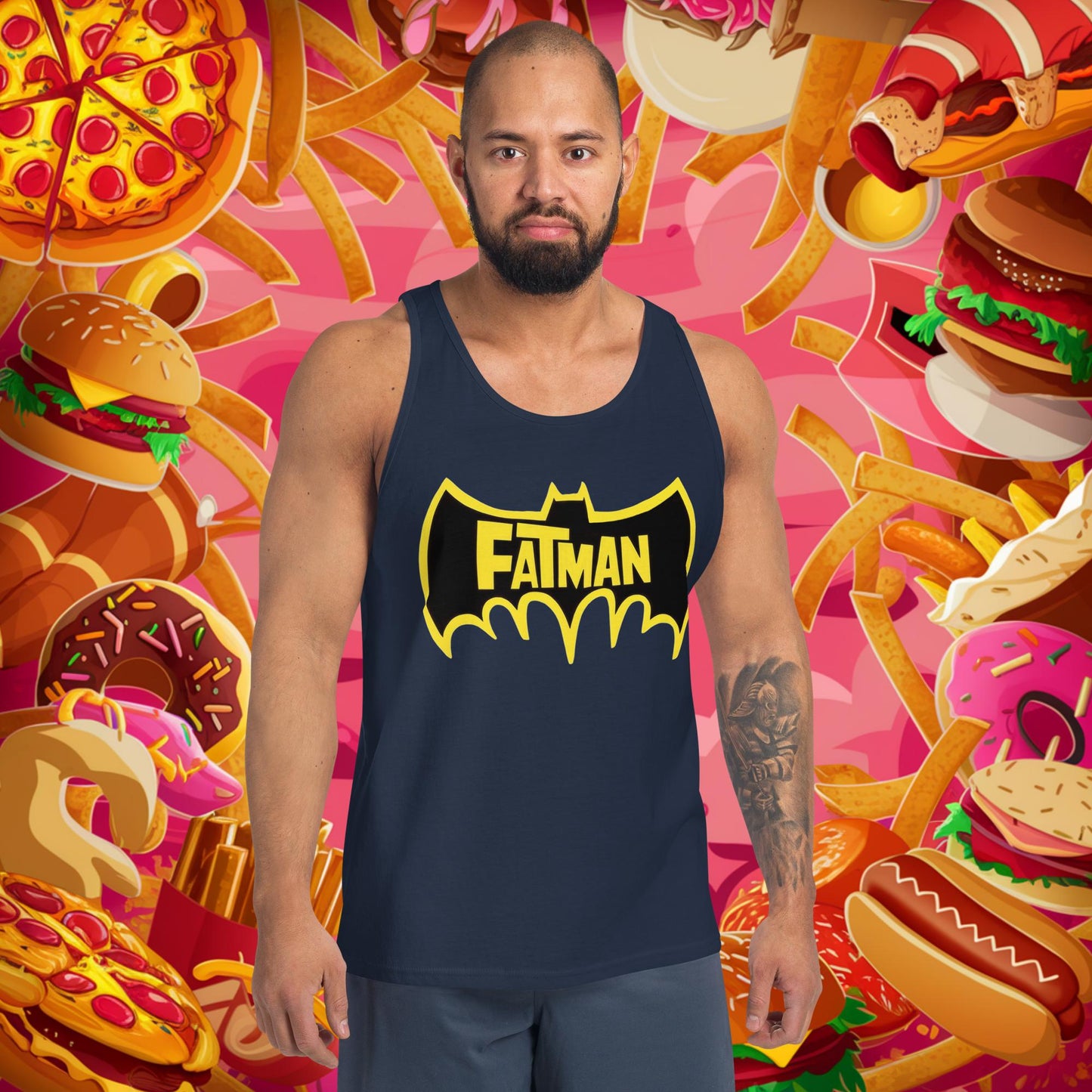 FatMan Funny Fat Superhero Tank Top Navy Tank Tops Batman Movies Superheroes Next Cult Brand