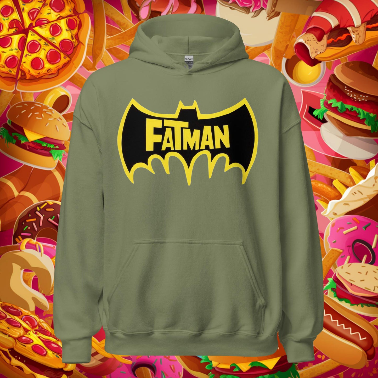 FatMan Funny Fat Superhero Unisex Hoodie Military Green Hoodies Batman Justice League Movies Superheroes Next Cult Brand