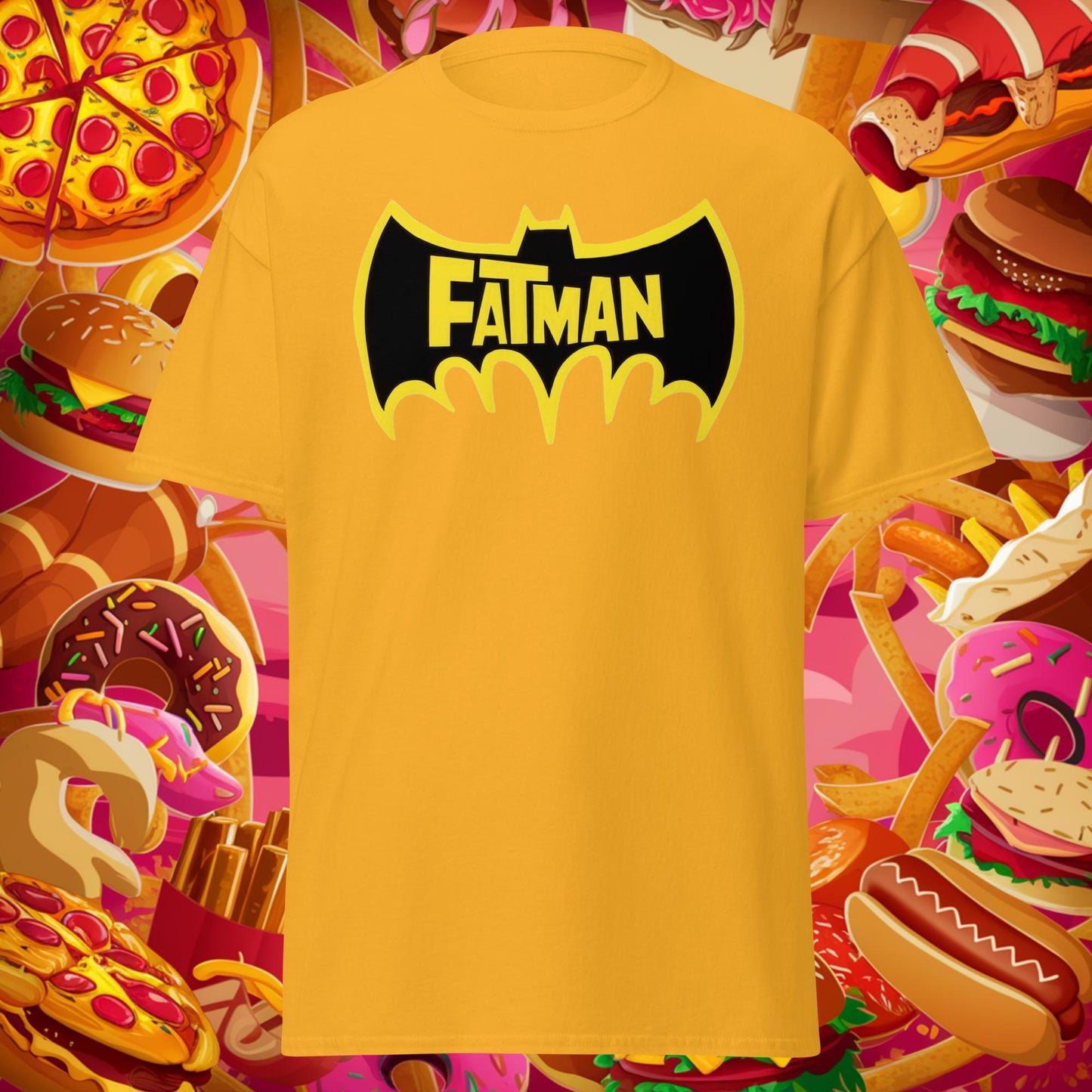 FatMan Funny Fat Superhero Unisex tee Gold T-shirts Batman Bulking Films Fitness Gym Justice League Movies Pump Cover Superheroes Workout Next Cult Brand