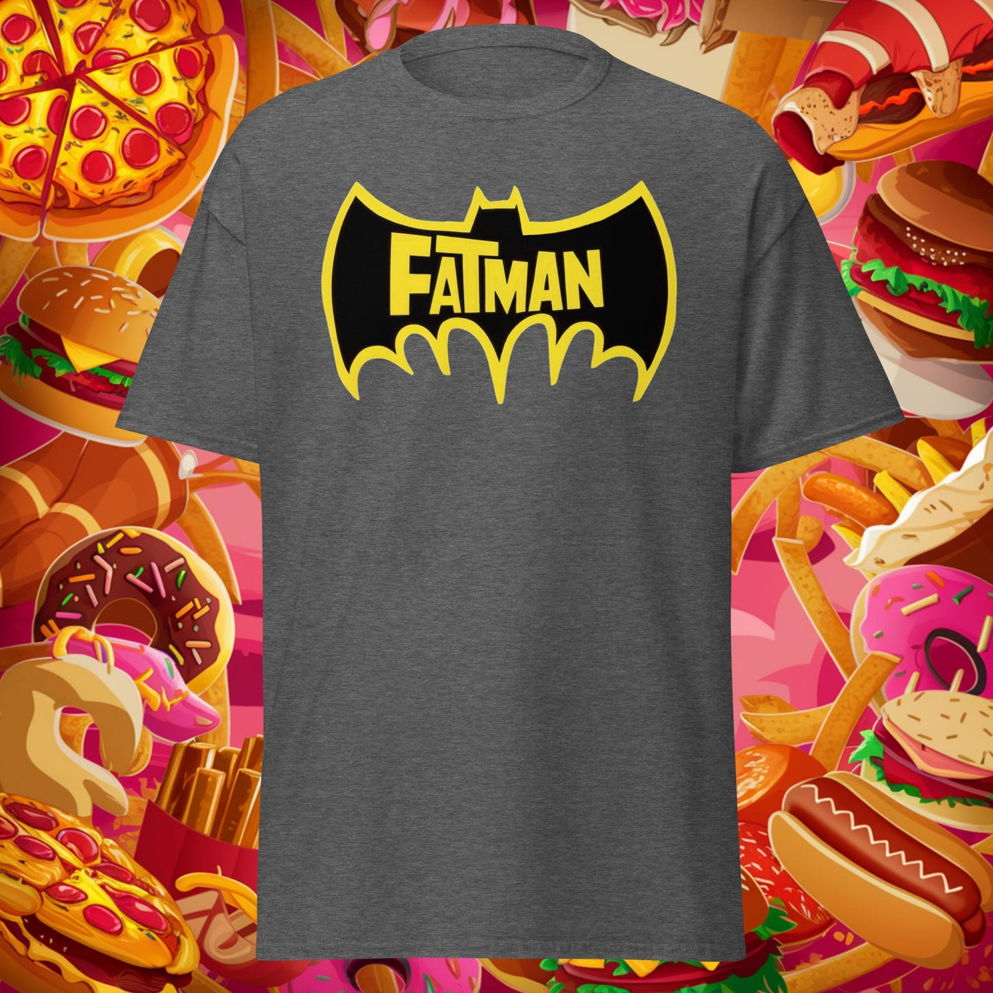 FatMan Funny Fat Superhero Unisex tee Dark Heather T-shirts Batman Bulking Films Fitness Gym Justice League Movies Pump Cover Superheroes Workout Next Cult Brand