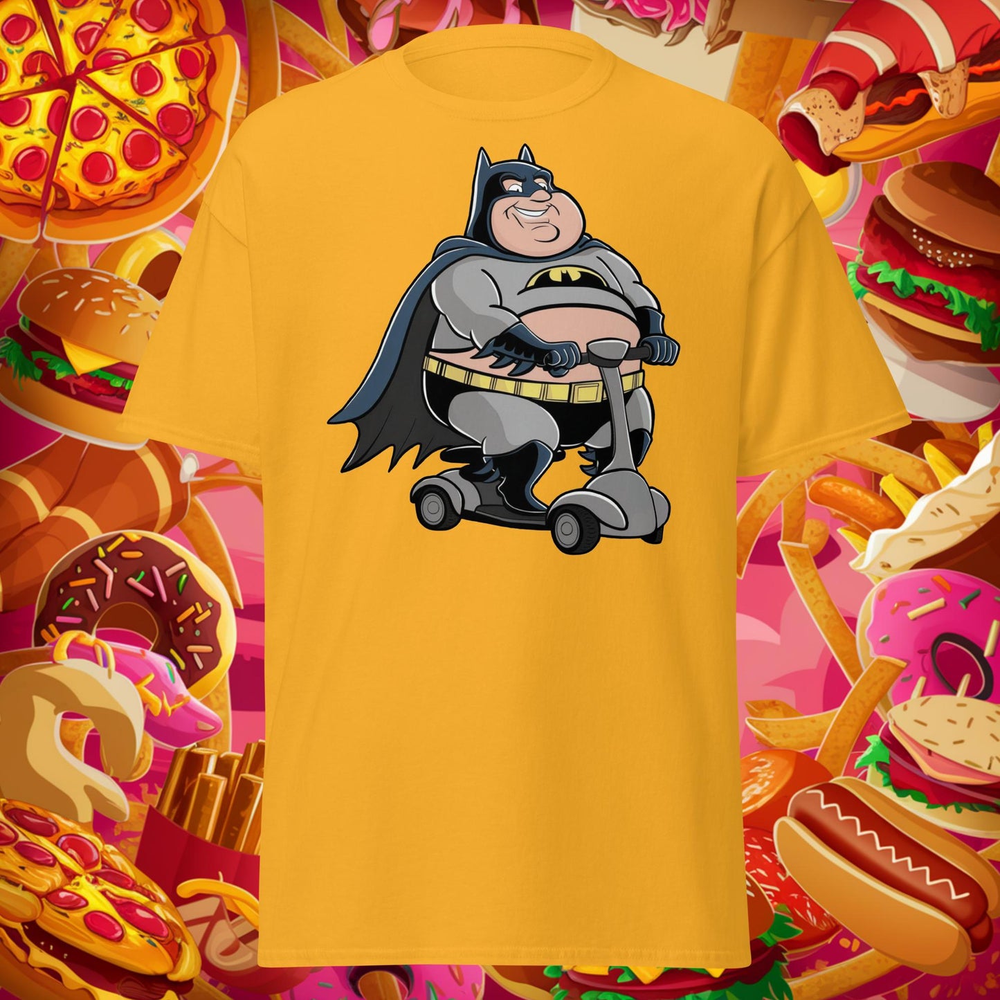 Fatman Fat Superhero Funny Unisex tee Gold T-shirts Batman Movies Superheroes Next Cult Brand