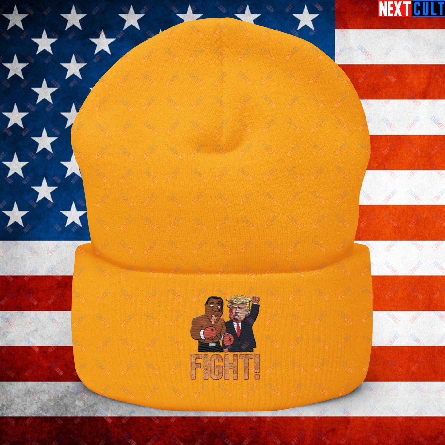 Fight Donald Trump Shooting Meme Funny Mike Tyson Ear Cuffed Beanie Gold Hats Boxing Conspiracy Theories Donald Trump Mike Tyson Politics Republicans Next Cult Brand