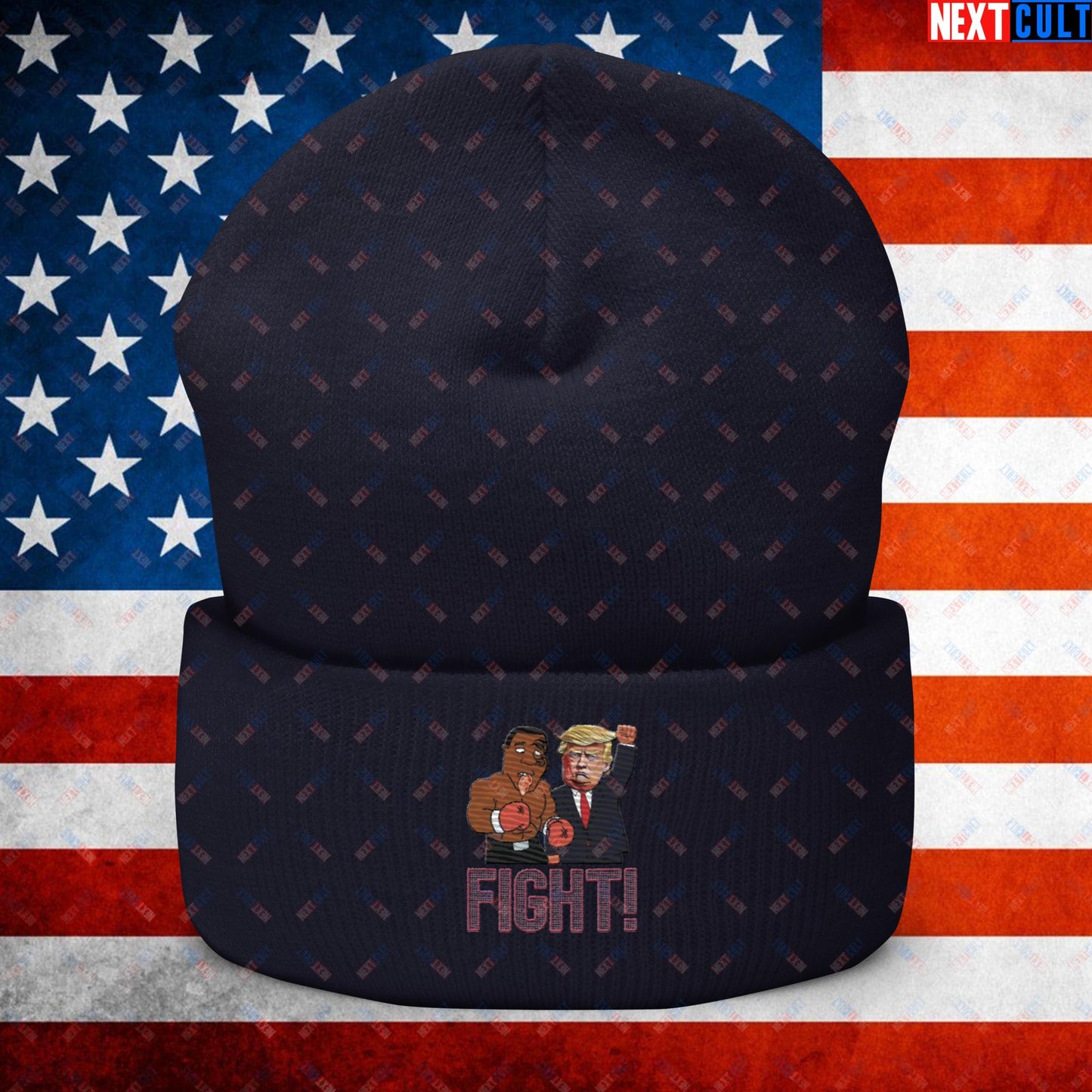 Fight Donald Trump Shooting Meme Funny Mike Tyson Ear Cuffed Beanie Navy Hats Boxing Conspiracy Theories Donald Trump Mike Tyson Politics Republicans Next Cult Brand