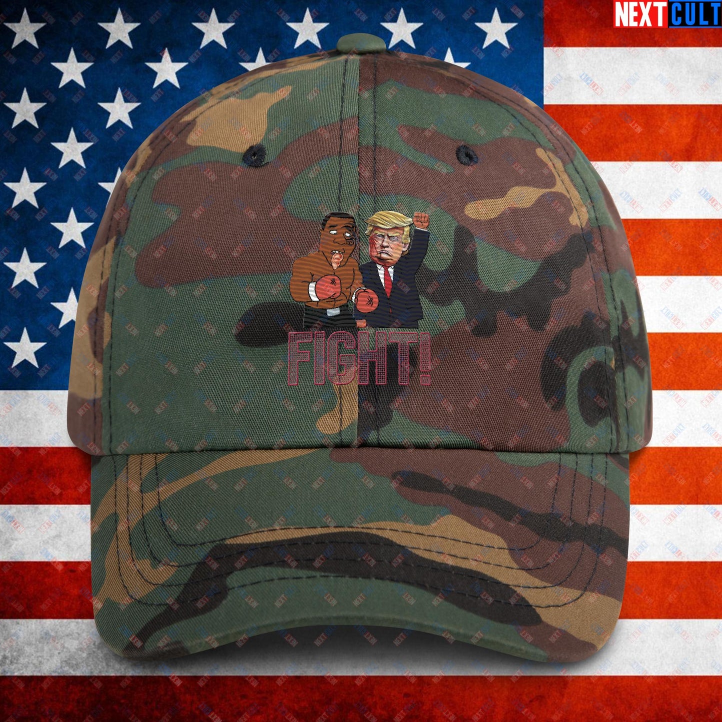 Fight Donald Trump Shooting Meme Funny Mike Tyson Ear Dad hat Green Camo Hats Boxing Conspiracy Theories Donald Trump Mike Tyson Politics Republicans Next Cult Brand