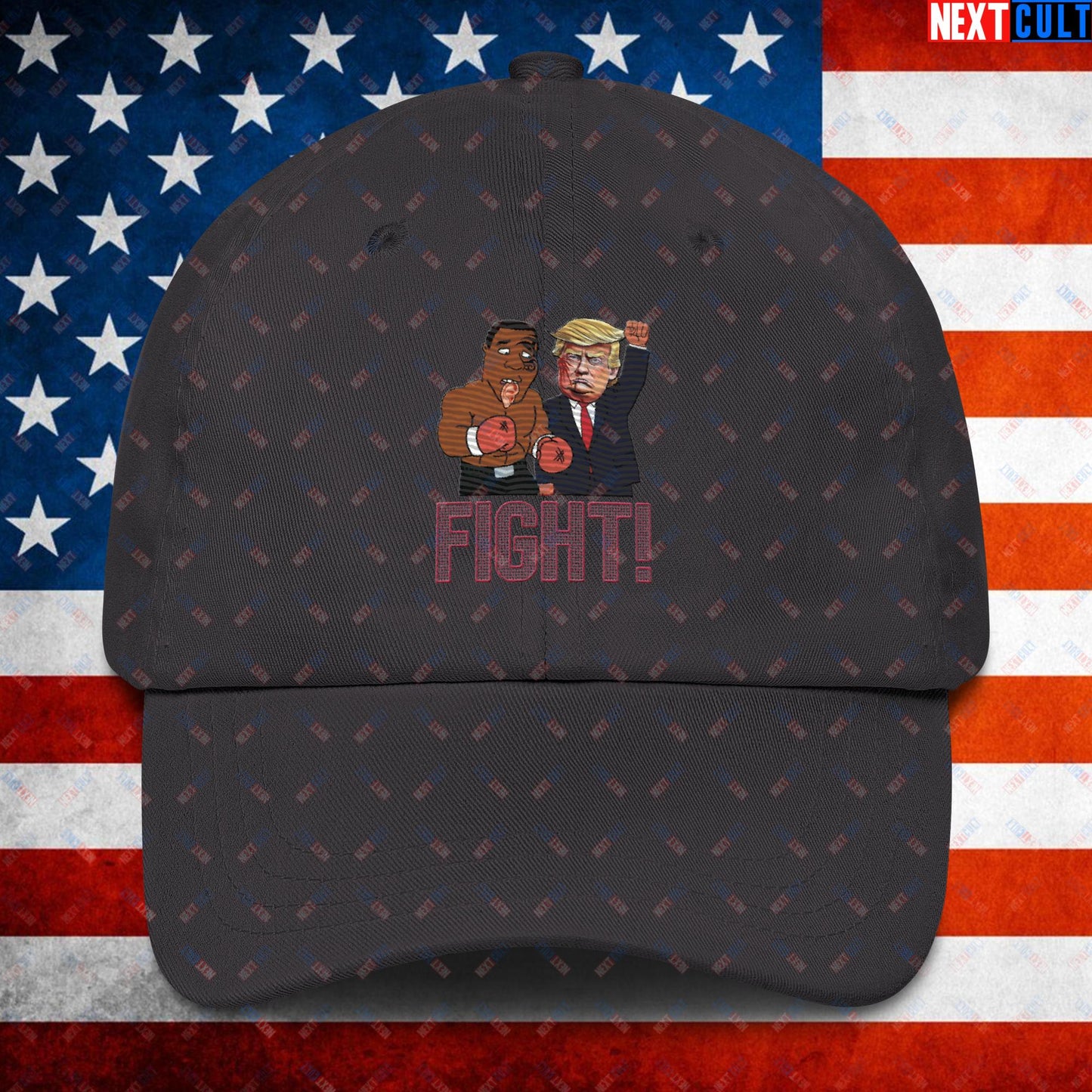 Fight Donald Trump Shooting Meme Funny Mike Tyson Ear Dad hat Dark Grey Hats Boxing Conspiracy Theories Donald Trump Mike Tyson Politics Republicans Next Cult Brand
