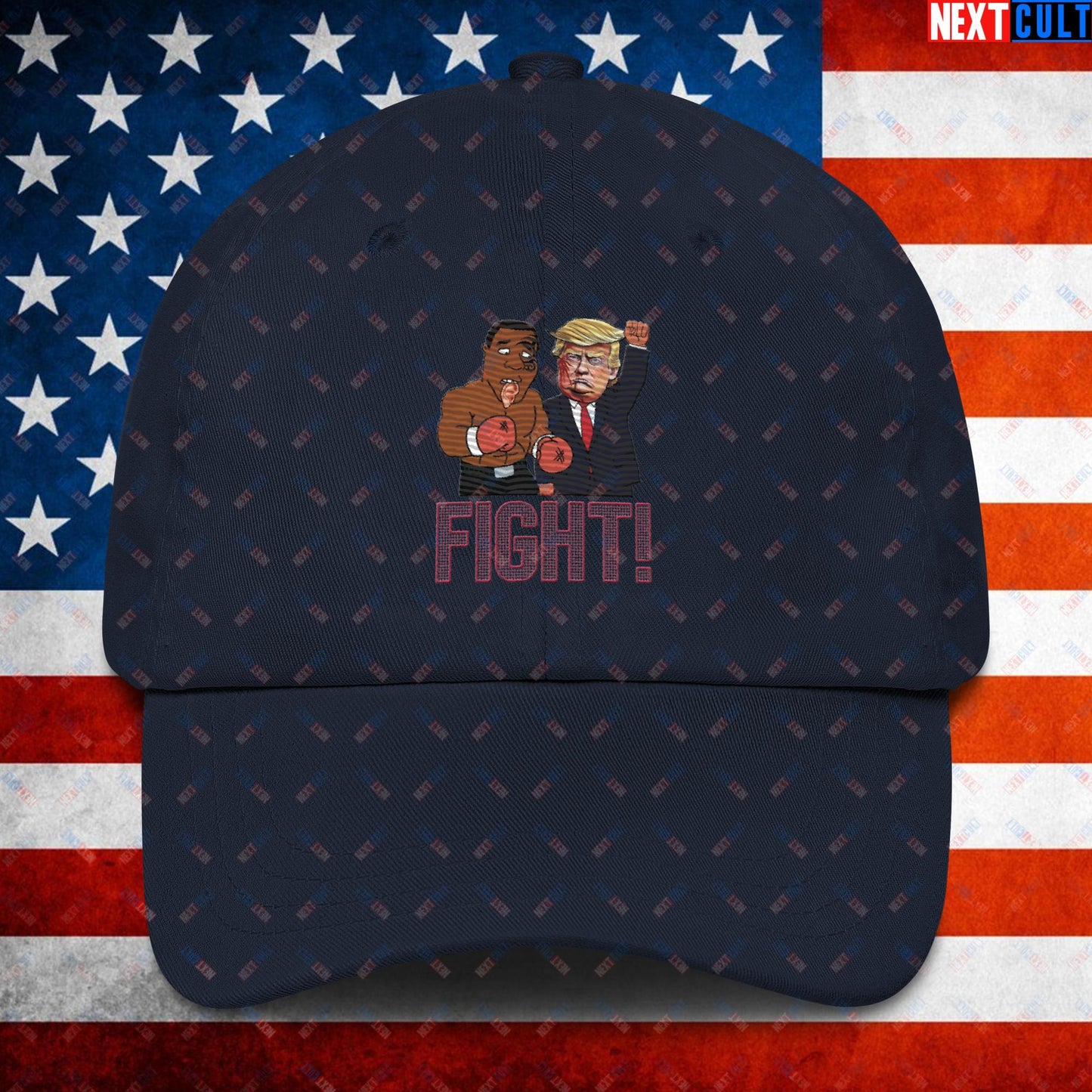 Fight Donald Trump Shooting Meme Funny Mike Tyson Ear Dad hat Navy Hats Boxing Conspiracy Theories Donald Trump Mike Tyson Politics Republicans Next Cult Brand