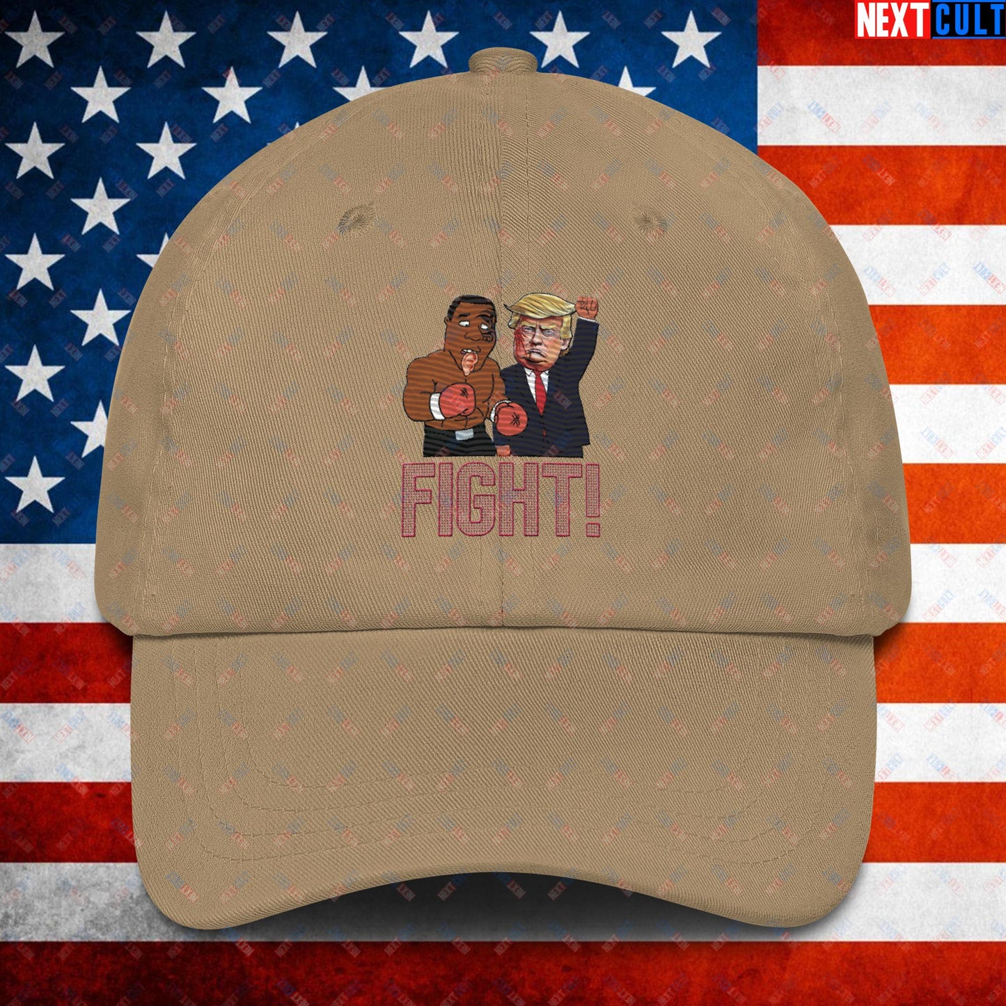 Fight Donald Trump Shooting Meme Funny Mike Tyson Ear Dad hat Khaki Hats Boxing Conspiracy Theories Donald Trump Mike Tyson Politics Republicans Next Cult Brand