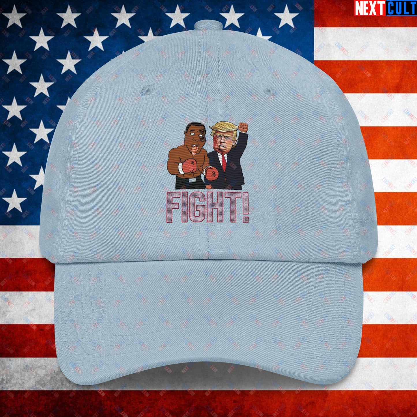 Fight Donald Trump Shooting Meme Funny Mike Tyson Ear Dad hat Light Blue Hats Boxing Conspiracy Theories Donald Trump Mike Tyson Politics Republicans Next Cult Brand