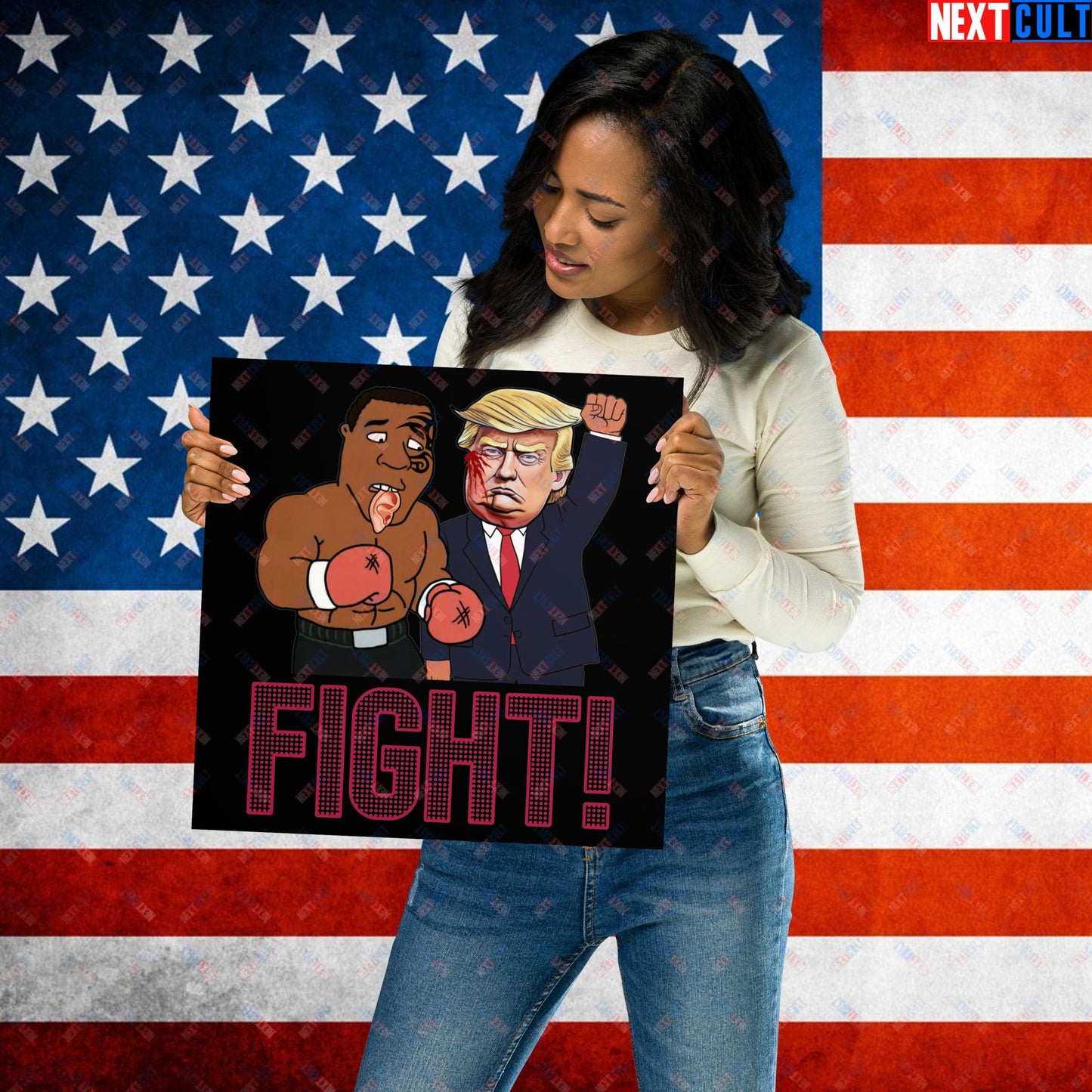 Fight Donald Trump Shooting Meme Funny Mike Tyson Ear Poster 14″×14″ Posters Boxing Conspiracy Theories Donald Trump Mike Tyson Politics Republicans Next Cult Brand