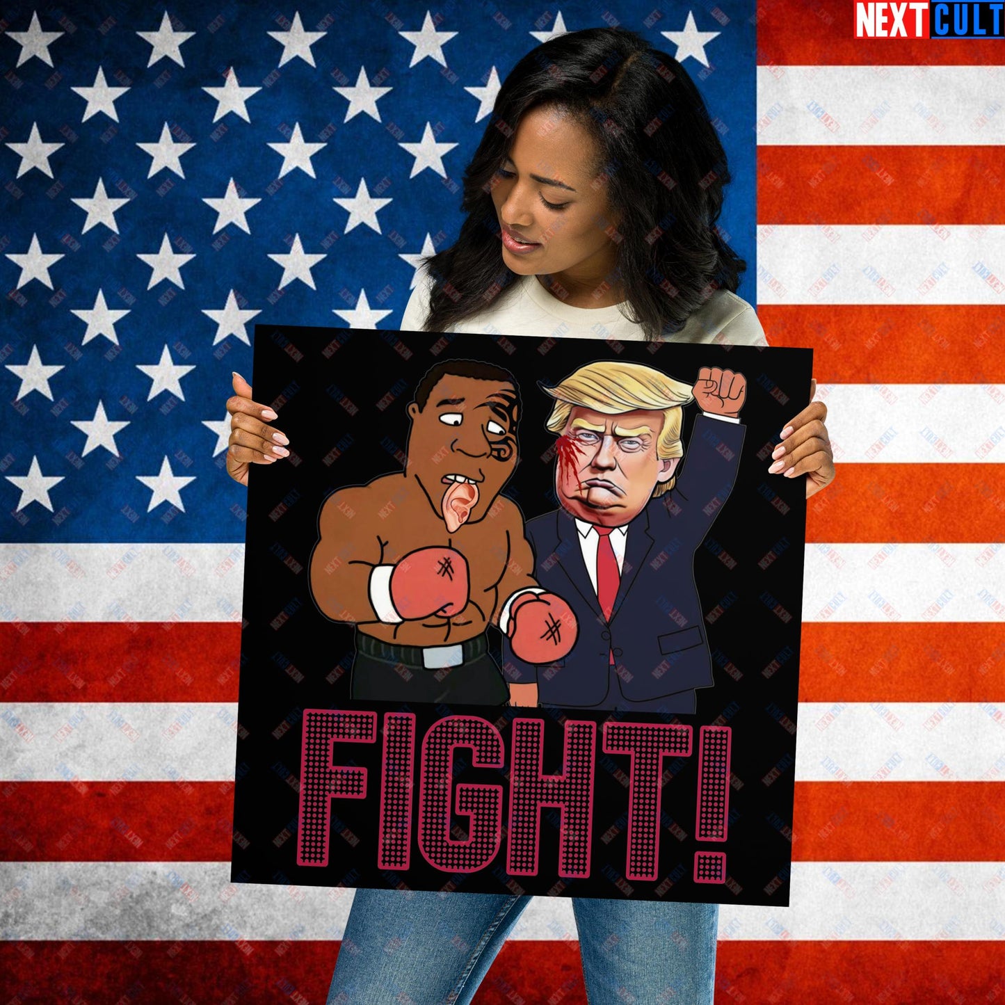 Fight Donald Trump Shooting Meme Funny Mike Tyson Ear Poster 18″×18″ Posters Boxing Conspiracy Theories Donald Trump Mike Tyson Politics Republicans Next Cult Brand