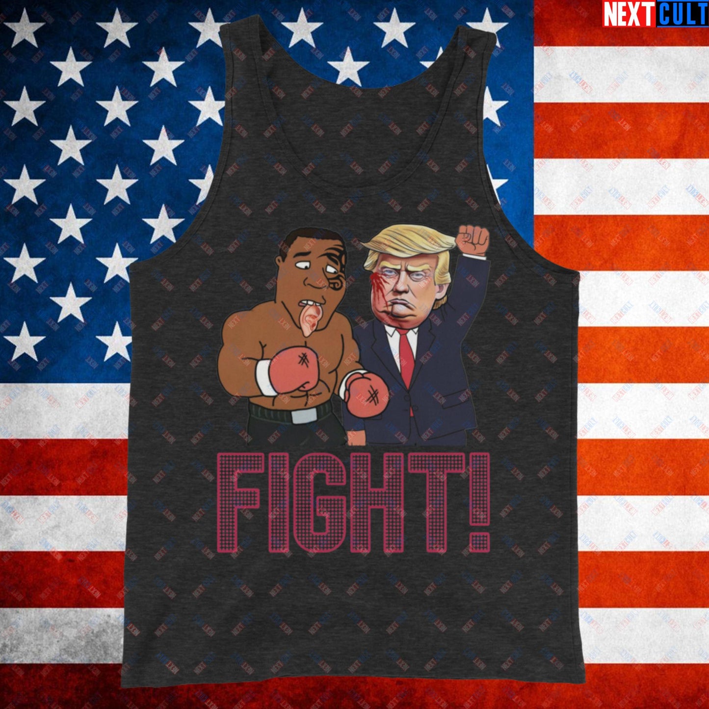 Fight Donald Trump Shooting Meme Funny Mike Tyson Ear Tank Top Charcoal-Black Triblend Tank Tops Boxing Conspiracy Theories Donald Trump Mike Tyson Politics Republicans Next Cult Brand