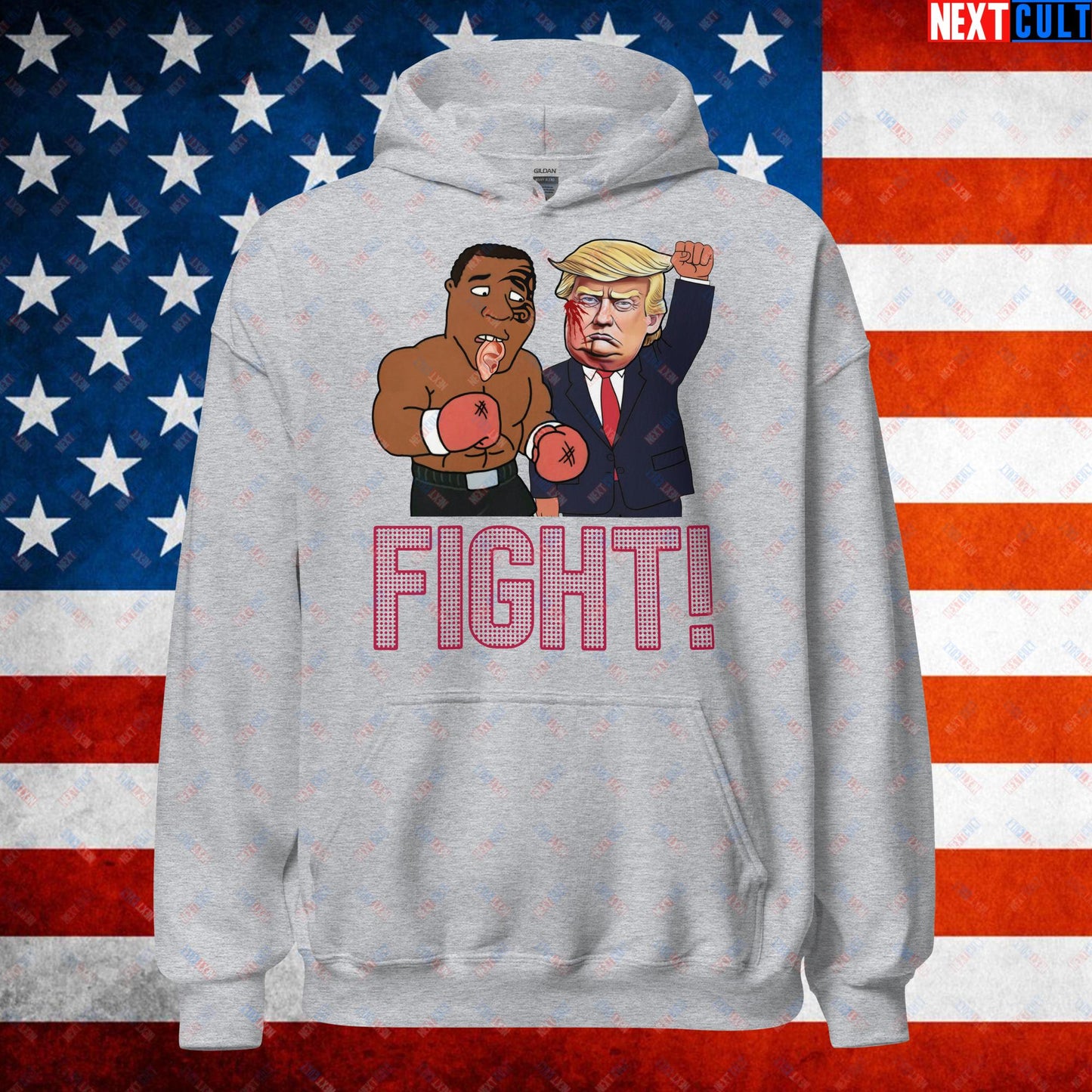Fight Donald Trump Shooting Meme Funny Mike Tyson Ear Unisex Hoodie Sport Grey Hoodies Boxing Conspiracy Theories Donald Trump Mike Tyson Politics Republicans Next Cult Brand