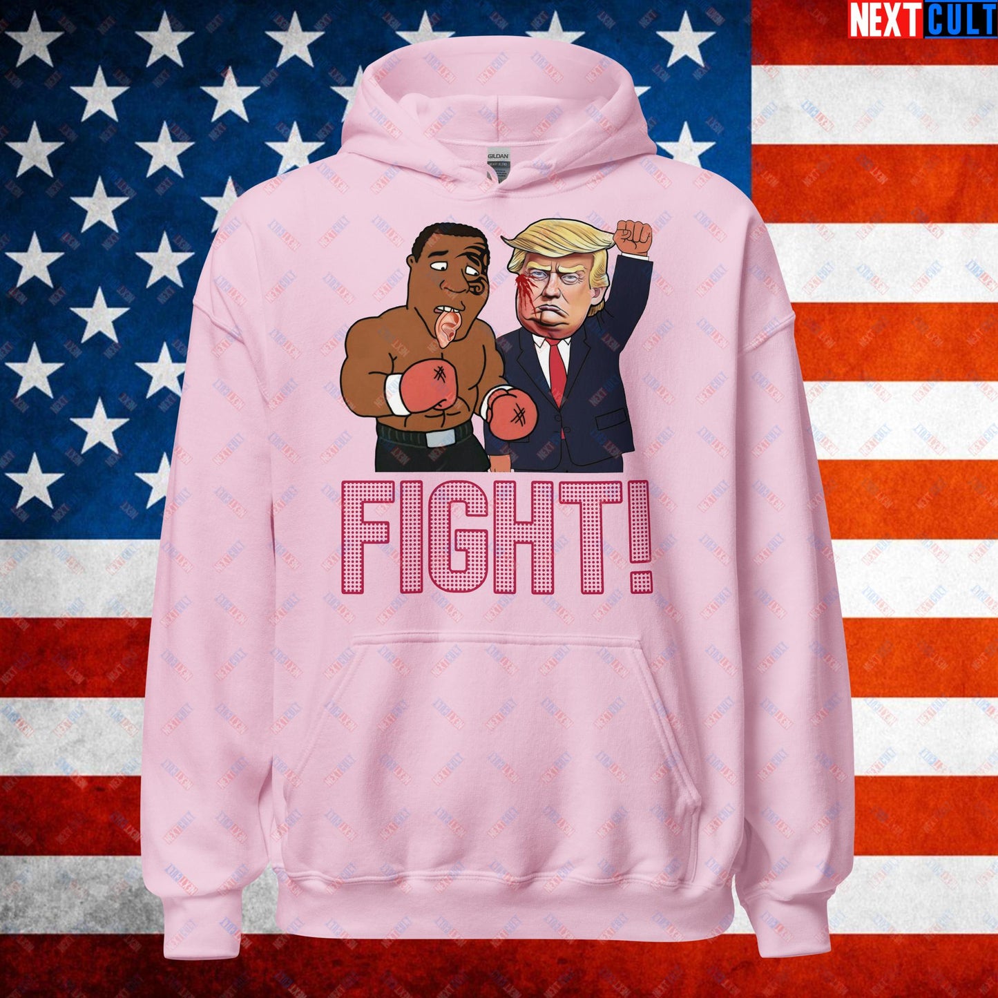 Fight Donald Trump Shooting Meme Funny Mike Tyson Ear Unisex Hoodie Light Pink Hoodies Boxing Conspiracy Theories Donald Trump Mike Tyson Politics Republicans Next Cult Brand
