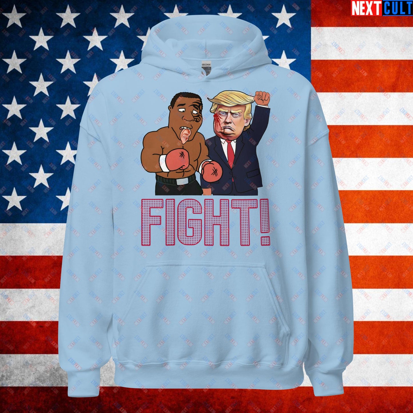 Fight Donald Trump Shooting Meme Funny Mike Tyson Ear Unisex Hoodie Light Blue Hoodies Boxing Conspiracy Theories Donald Trump Mike Tyson Politics Republicans Next Cult Brand