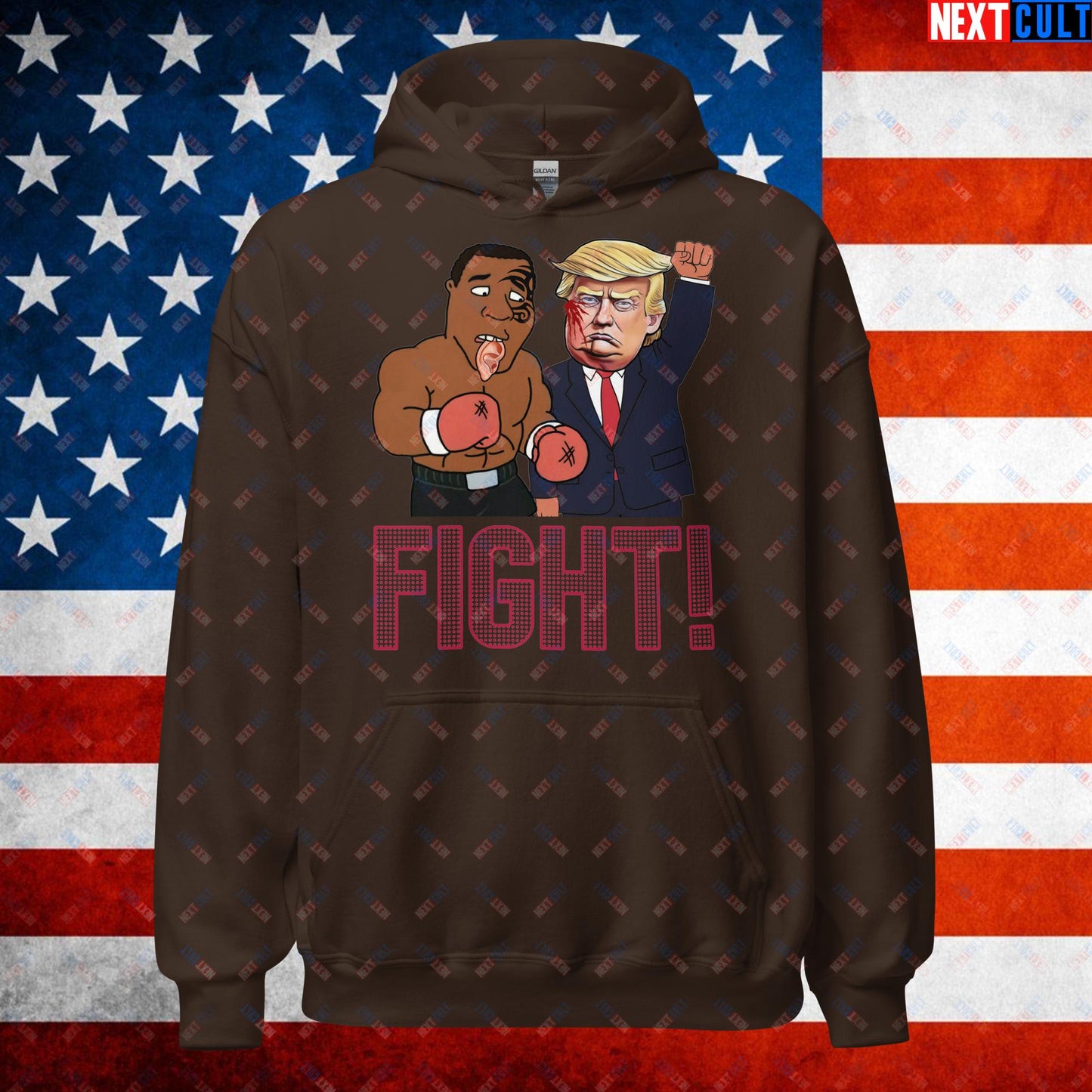 Fight Donald Trump Shooting Meme Funny Mike Tyson Ear Unisex Hoodie Dark Chocolate Hoodies Boxing Conspiracy Theories Donald Trump Mike Tyson Politics Republicans Next Cult Brand