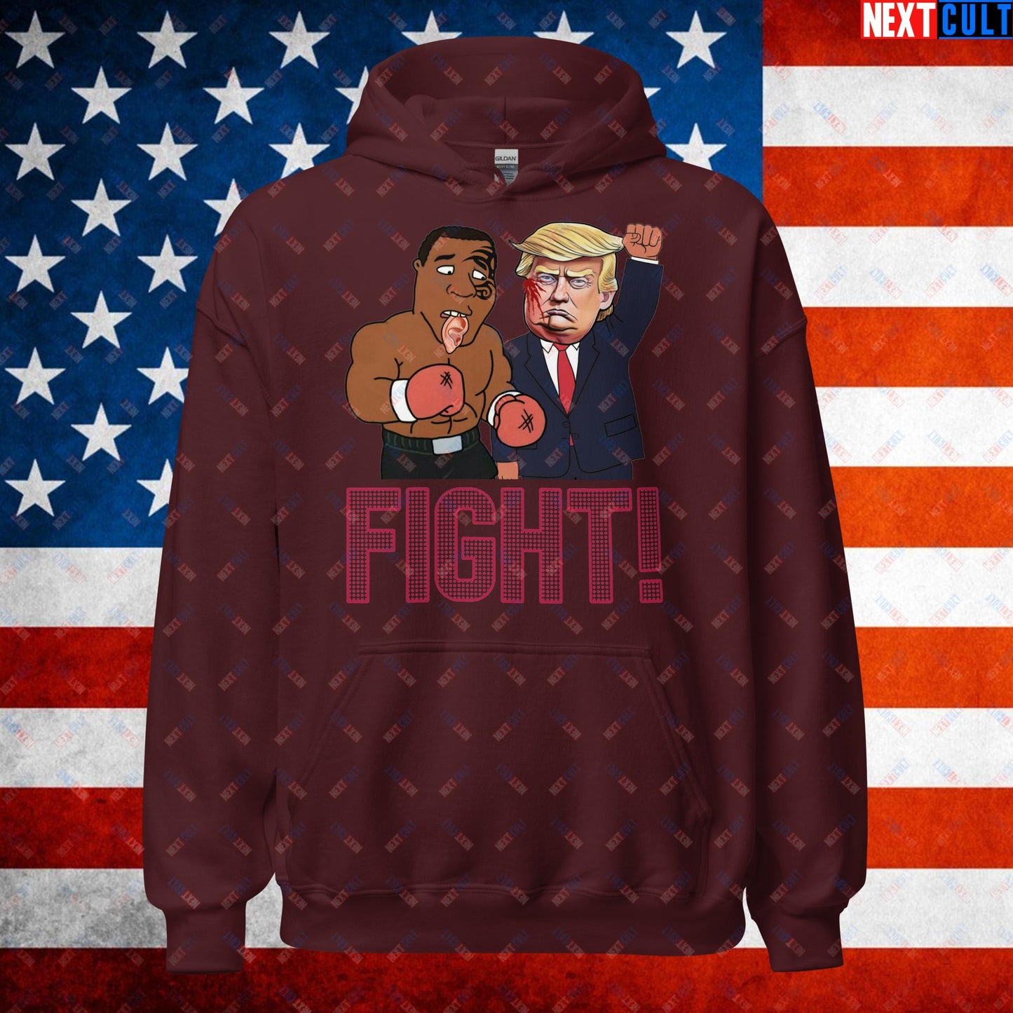 Fight Donald Trump Shooting Meme Funny Mike Tyson Ear Unisex Hoodie Maroon Hoodies Boxing Conspiracy Theories Donald Trump Mike Tyson Politics Republicans Next Cult Brand