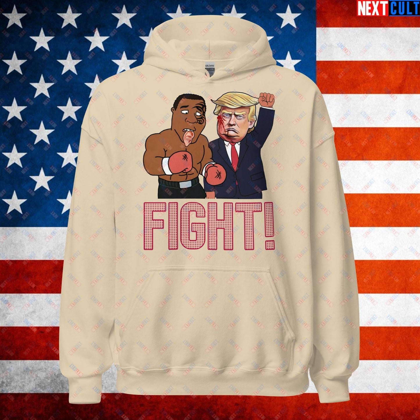 Fight Donald Trump Shooting Meme Funny Mike Tyson Ear Unisex Hoodie Sand Hoodies Boxing Conspiracy Theories Donald Trump Mike Tyson Politics Republicans Next Cult Brand