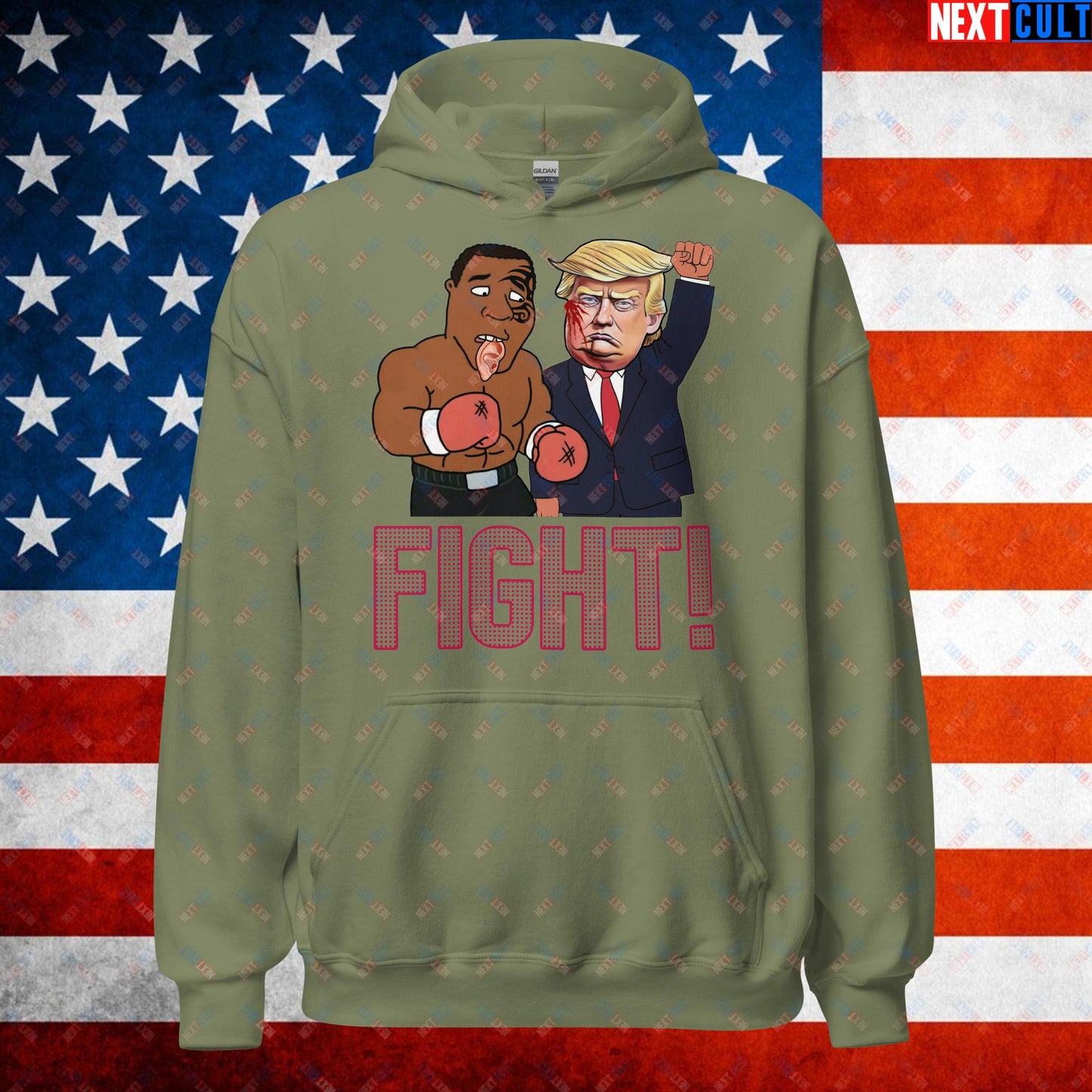 Fight Donald Trump Shooting Meme Funny Mike Tyson Ear Unisex Hoodie Military Green Hoodies Boxing Conspiracy Theories Donald Trump Mike Tyson Politics Republicans Next Cult Brand