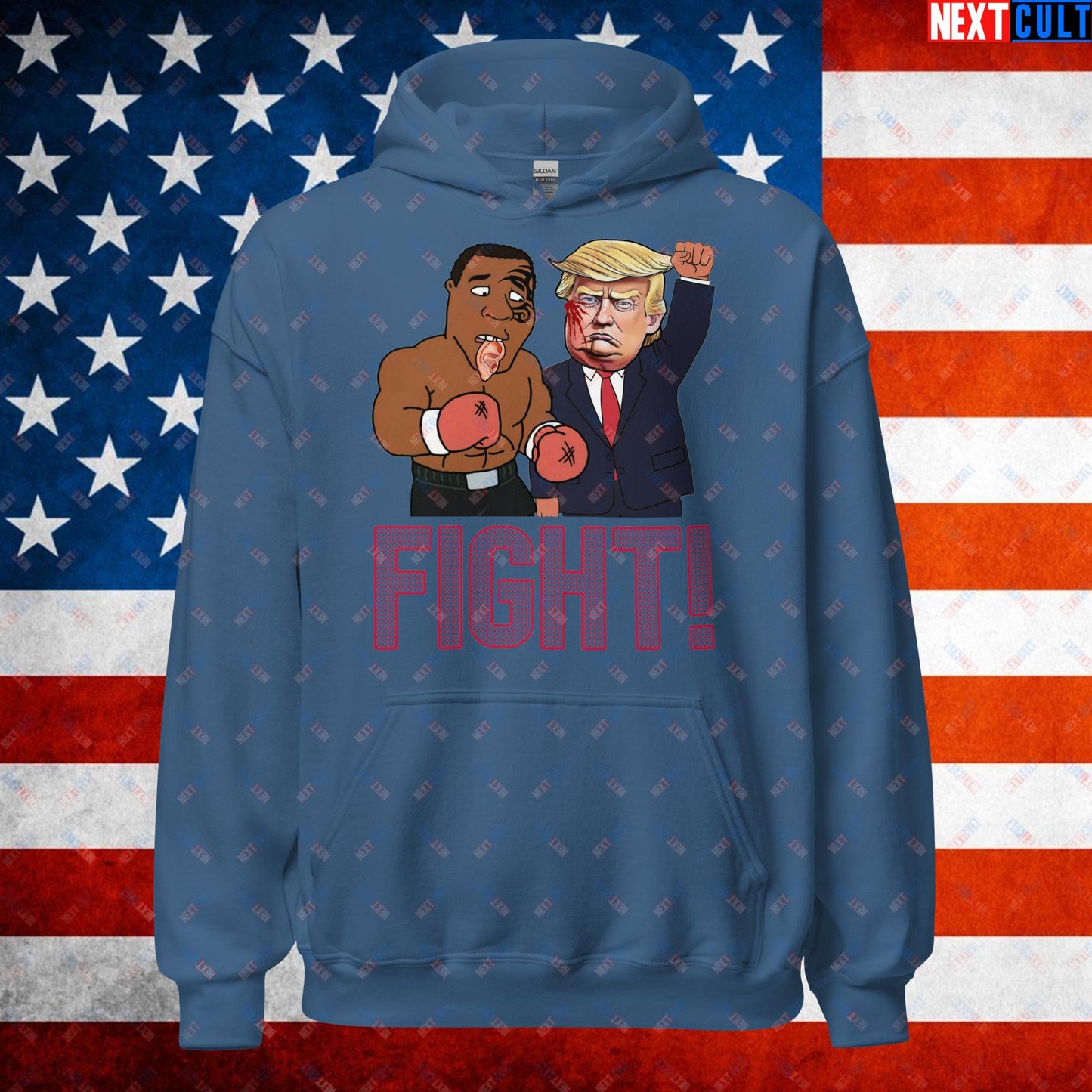 Fight Donald Trump Shooting Meme Funny Mike Tyson Ear Unisex Hoodie Indigo Blue Hoodies Boxing Conspiracy Theories Donald Trump Mike Tyson Politics Republicans Next Cult Brand