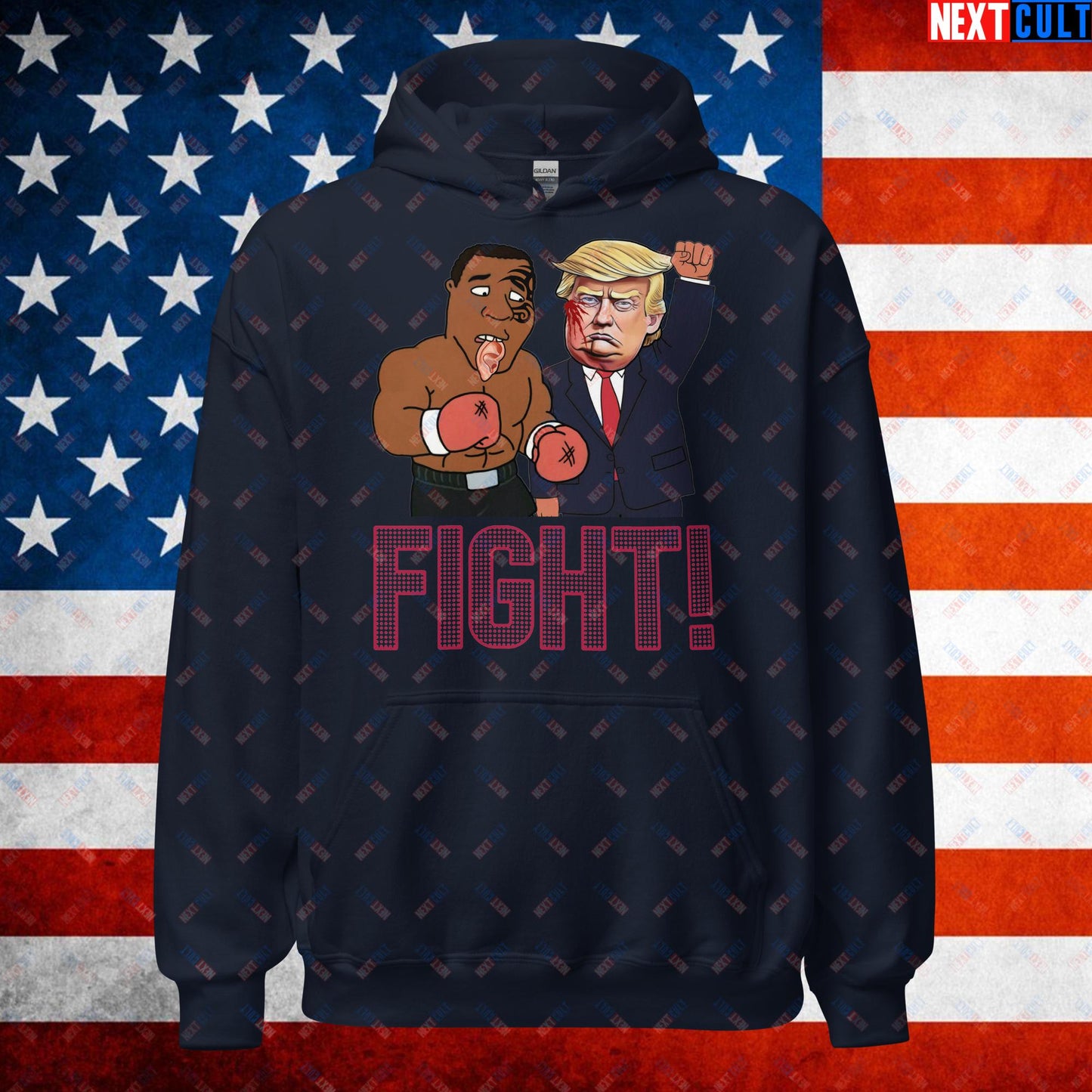 Fight Donald Trump Shooting Meme Funny Mike Tyson Ear Unisex Hoodie Navy Hoodies Boxing Conspiracy Theories Donald Trump Mike Tyson Politics Republicans Next Cult Brand