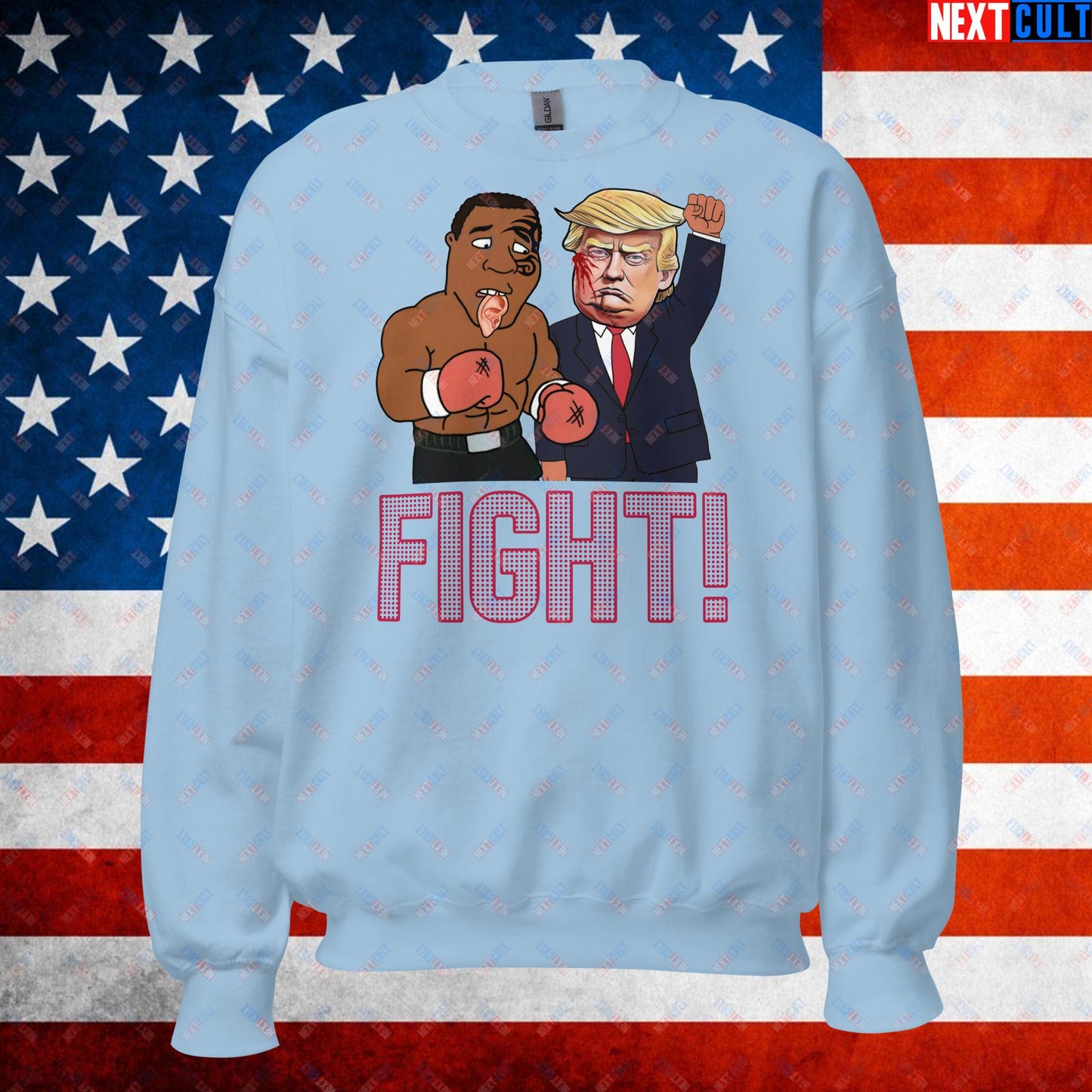 Fight Donald Trump Shooting Meme Funny Mike Tyson Ear Unisex Sweatshirt Light Blue Sweatshirts Boxing Conspiracy Theories Donald Trump Mike Tyson Politics Republicans Next Cult Brand