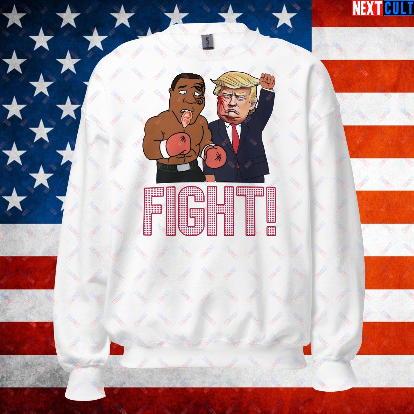 Fight Donald Trump Shooting Meme Funny Mike Tyson Ear Unisex Sweatshirt White Sweatshirts Boxing Conspiracy Theories Donald Trump Mike Tyson Politics Republicans Next Cult Brand