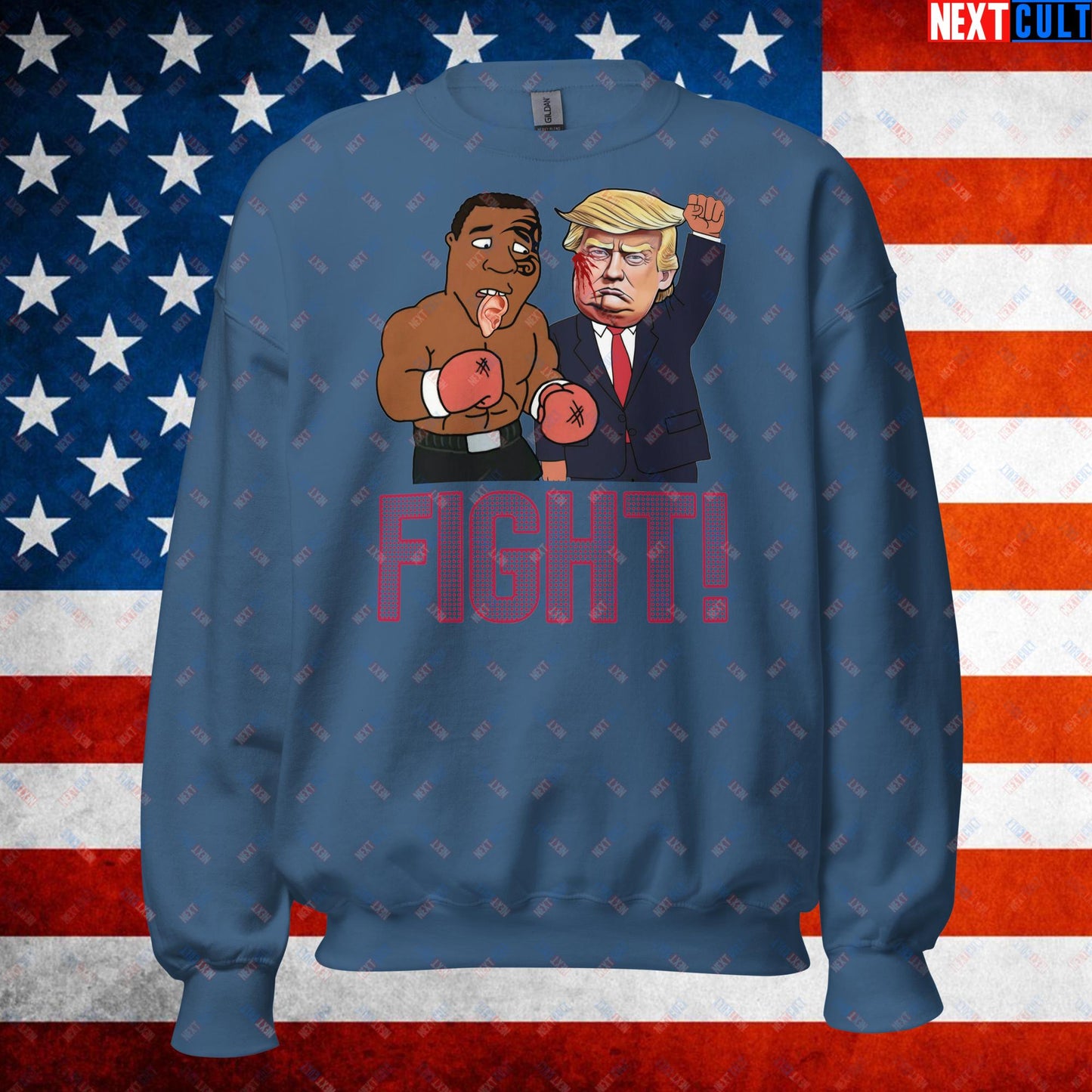 Fight Donald Trump Shooting Meme Funny Mike Tyson Ear Unisex Sweatshirt Indigo Blue Sweatshirts Boxing Conspiracy Theories Donald Trump Mike Tyson Politics Republicans Next Cult Brand
