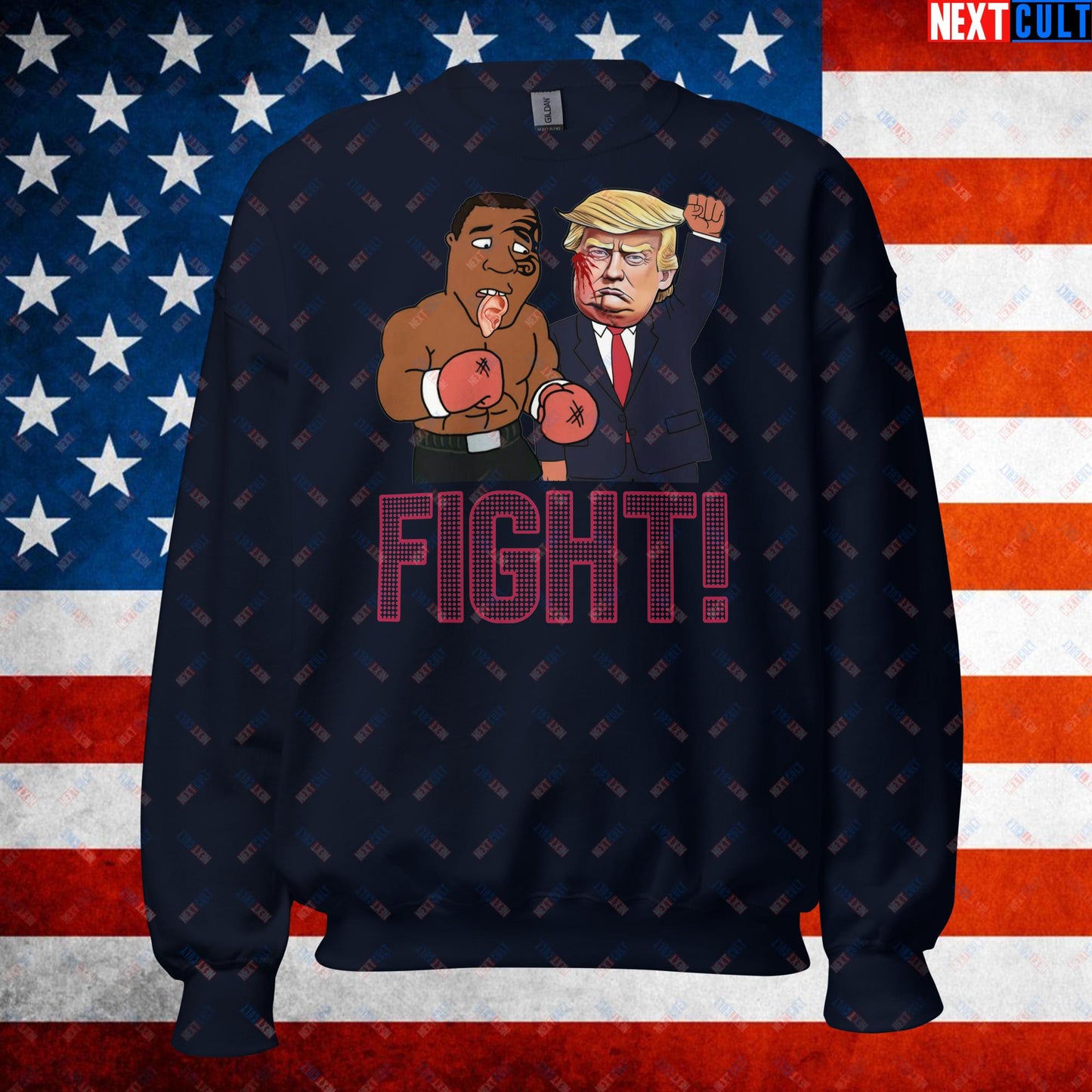 Fight Donald Trump Shooting Meme Funny Mike Tyson Ear Unisex Sweatshirt Navy Sweatshirts Boxing Conspiracy Theories Donald Trump Mike Tyson Politics Republicans Next Cult Brand