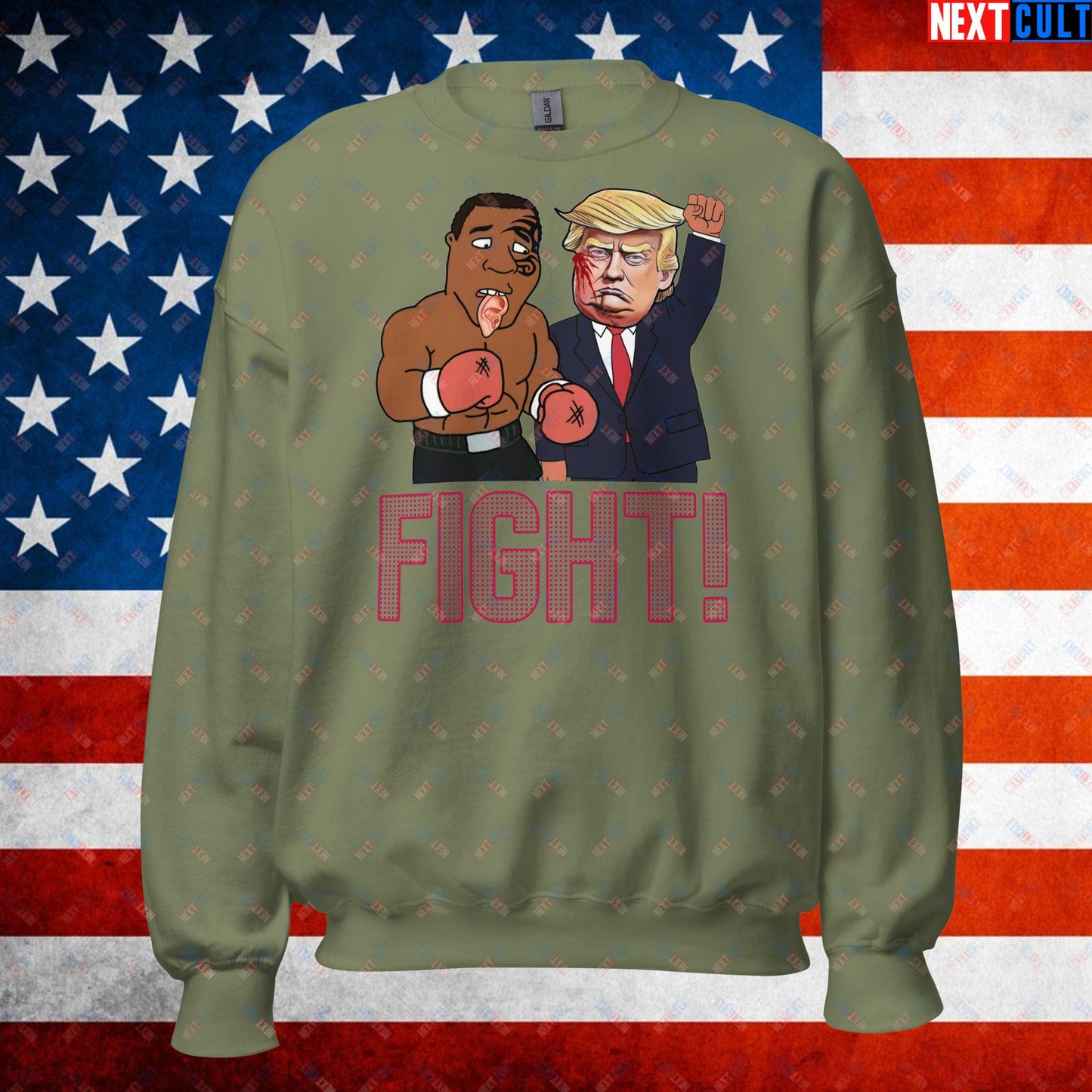 Fight Donald Trump Shooting Meme Funny Mike Tyson Ear Unisex Sweatshirt Military Green Sweatshirts Boxing Conspiracy Theories Donald Trump Mike Tyson Politics Republicans Next Cult Brand