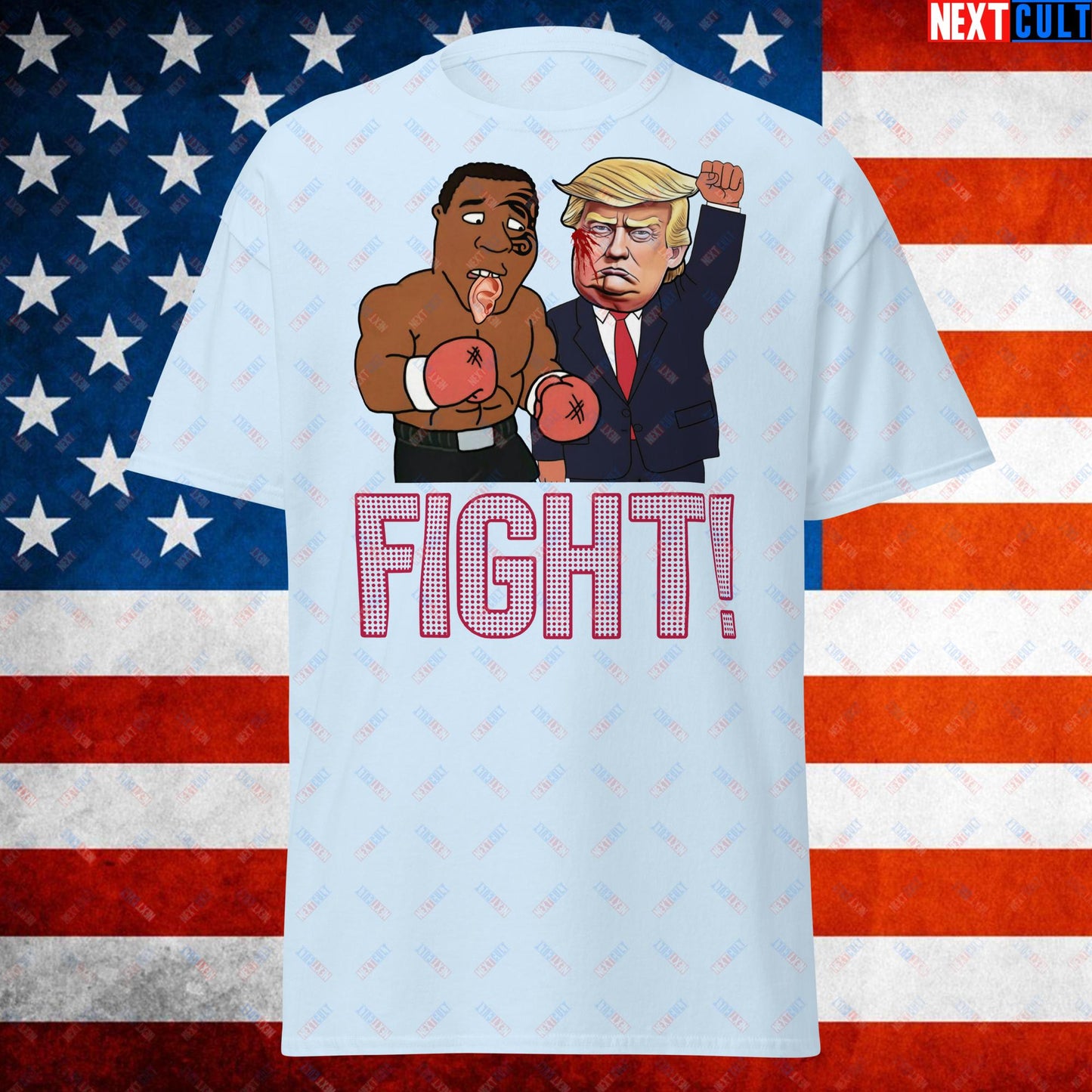 Fight Donald Trump Shooting Meme Funny Mike Tyson Ear Unisex tee Light Blue T-shirts Boxing Conspiracy Theories Donald Trump Mike Tyson Politics Republicans Next Cult Brand