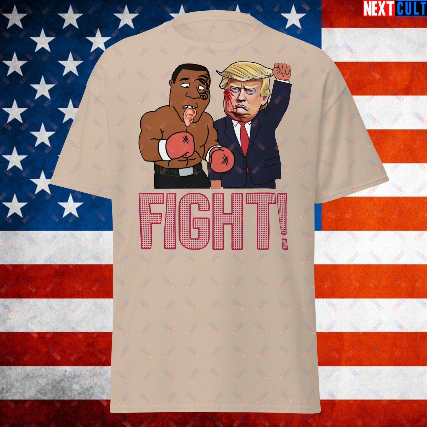 Fight Donald Trump Shooting Meme Funny Mike Tyson Ear Unisex tee Sand T-shirts Boxing Conspiracy Theories Donald Trump Mike Tyson Politics Republicans Next Cult Brand