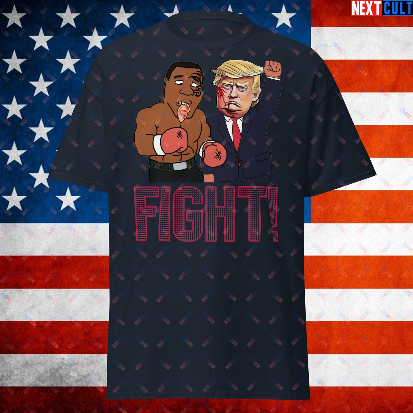Fight Donald Trump Shooting Meme Funny Mike Tyson Ear Unisex tee Navy T-shirts Boxing Conspiracy Theories Donald Trump Mike Tyson Politics Republicans Next Cult Brand