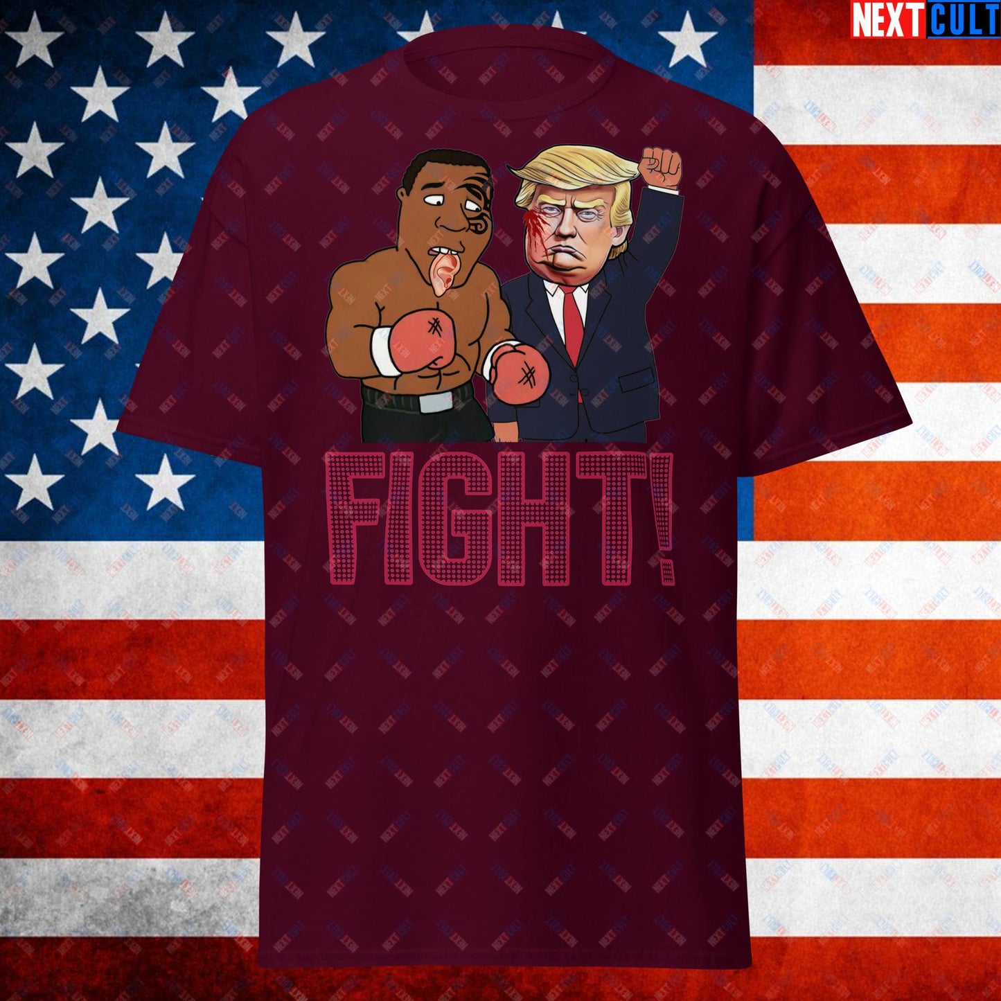 Fight Donald Trump Shooting Meme Funny Mike Tyson Ear Unisex tee Maroon T-shirts Boxing Conspiracy Theories Donald Trump Mike Tyson Politics Republicans Next Cult Brand