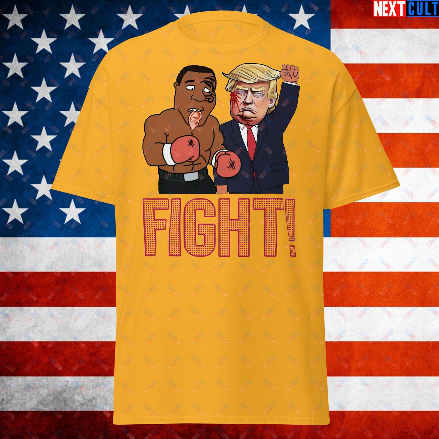 Fight Donald Trump Shooting Meme Funny Mike Tyson Ear Unisex tee Gold T-shirts Boxing Conspiracy Theories Donald Trump Mike Tyson Politics Republicans Next Cult Brand