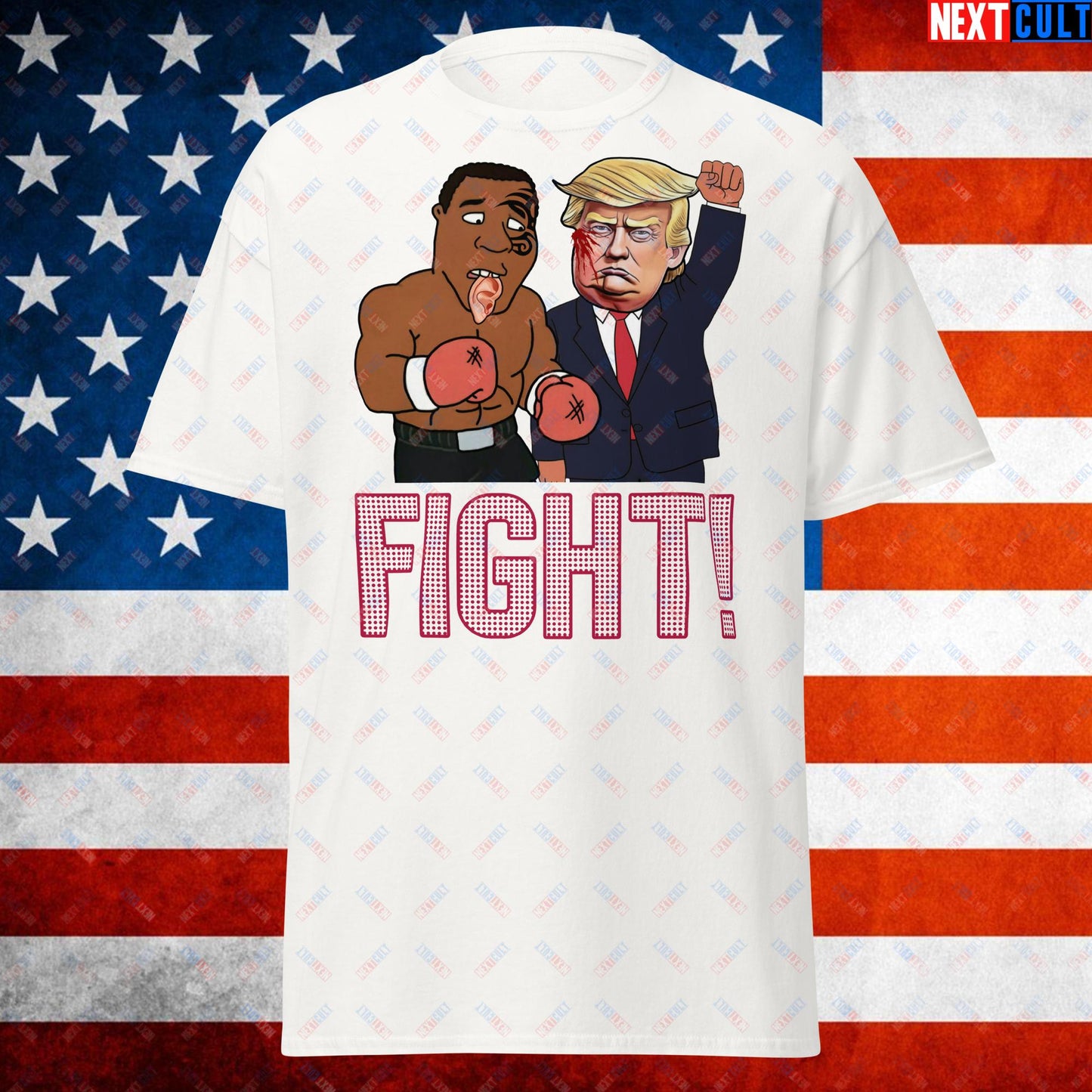 Fight Donald Trump Shooting Meme Funny Mike Tyson Ear Unisex tee White T-shirts Boxing Conspiracy Theories Donald Trump Mike Tyson Politics Republicans Next Cult Brand