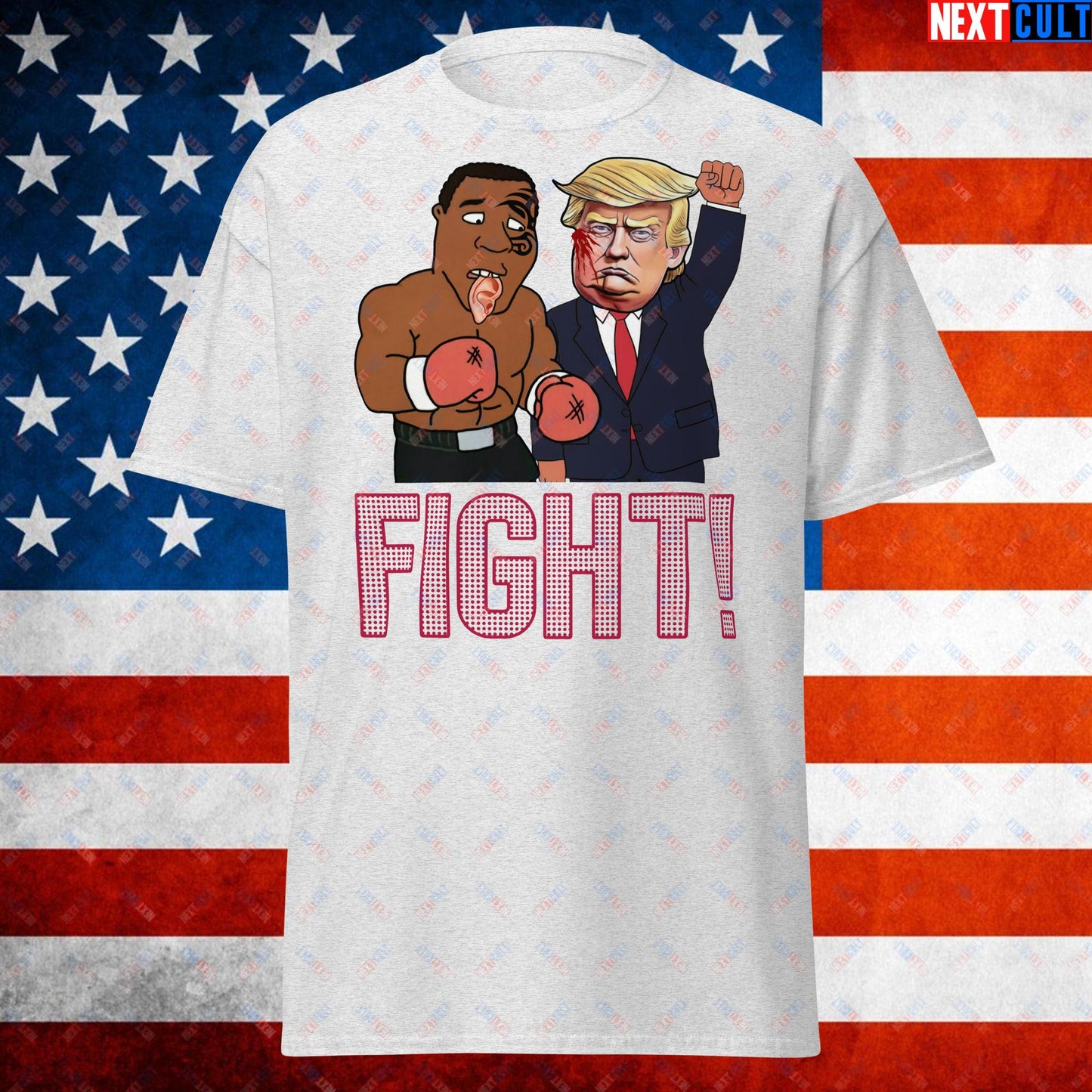 Fight Donald Trump Shooting Meme Funny Mike Tyson Ear Unisex tee Ash T-shirts Boxing Conspiracy Theories Donald Trump Mike Tyson Politics Republicans Next Cult Brand
