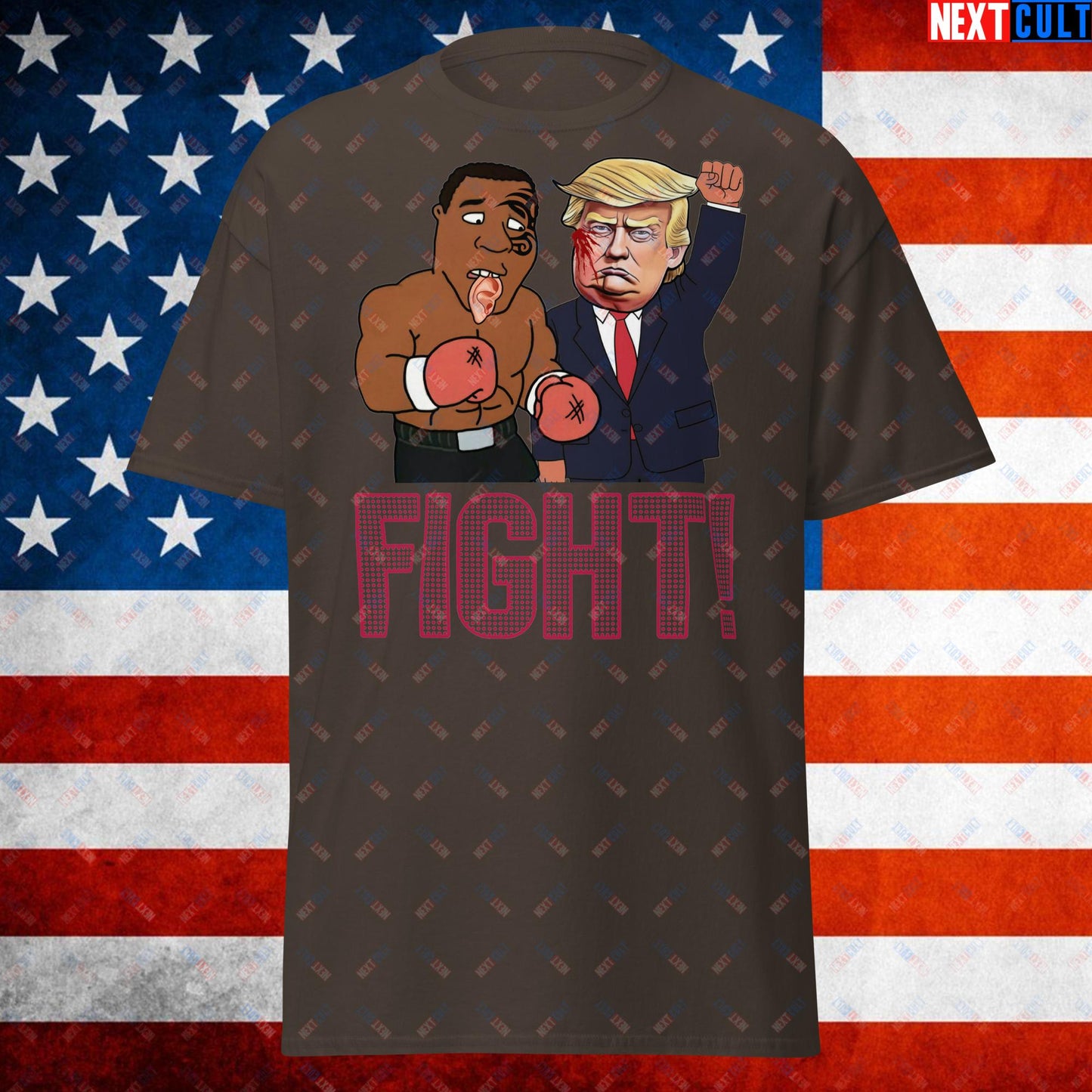 Fight Donald Trump Shooting Meme Funny Mike Tyson Ear Unisex tee Dark Chocolate T-shirts Boxing Conspiracy Theories Donald Trump Mike Tyson Politics Republicans Next Cult Brand