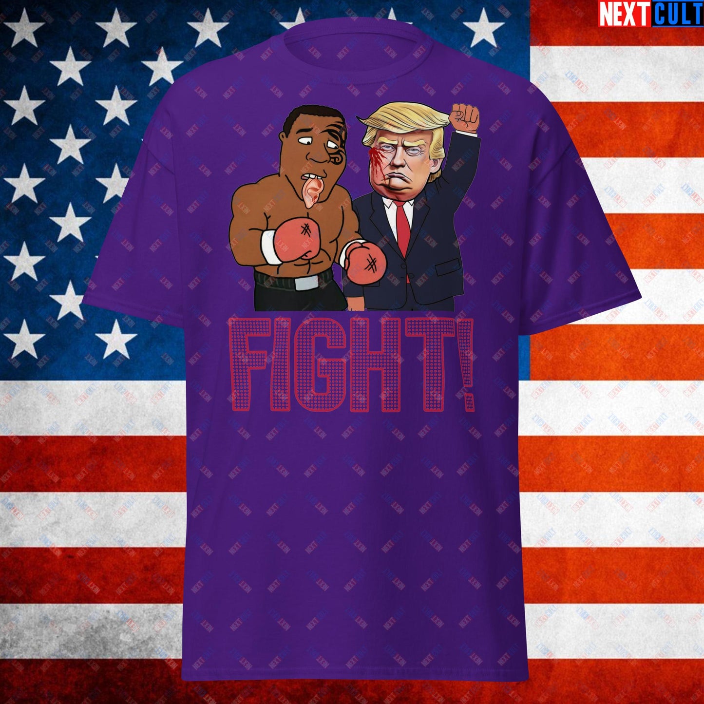 Fight Donald Trump Shooting Meme Funny Mike Tyson Ear Unisex tee Purple T-shirts Boxing Conspiracy Theories Donald Trump Mike Tyson Politics Republicans Next Cult Brand