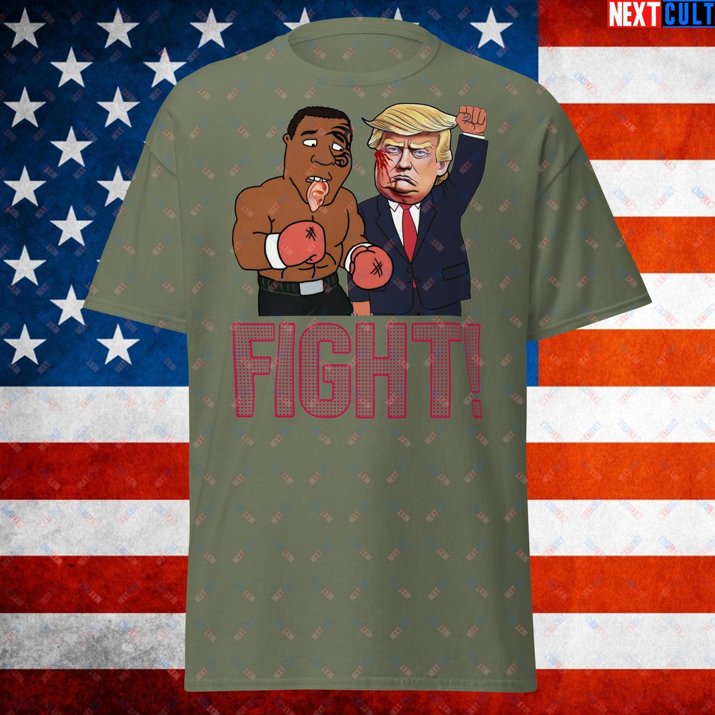Fight Donald Trump Shooting Meme Funny Mike Tyson Ear Unisex tee Military Green T-shirts Boxing Conspiracy Theories Donald Trump Mike Tyson Politics Republicans Next Cult Brand