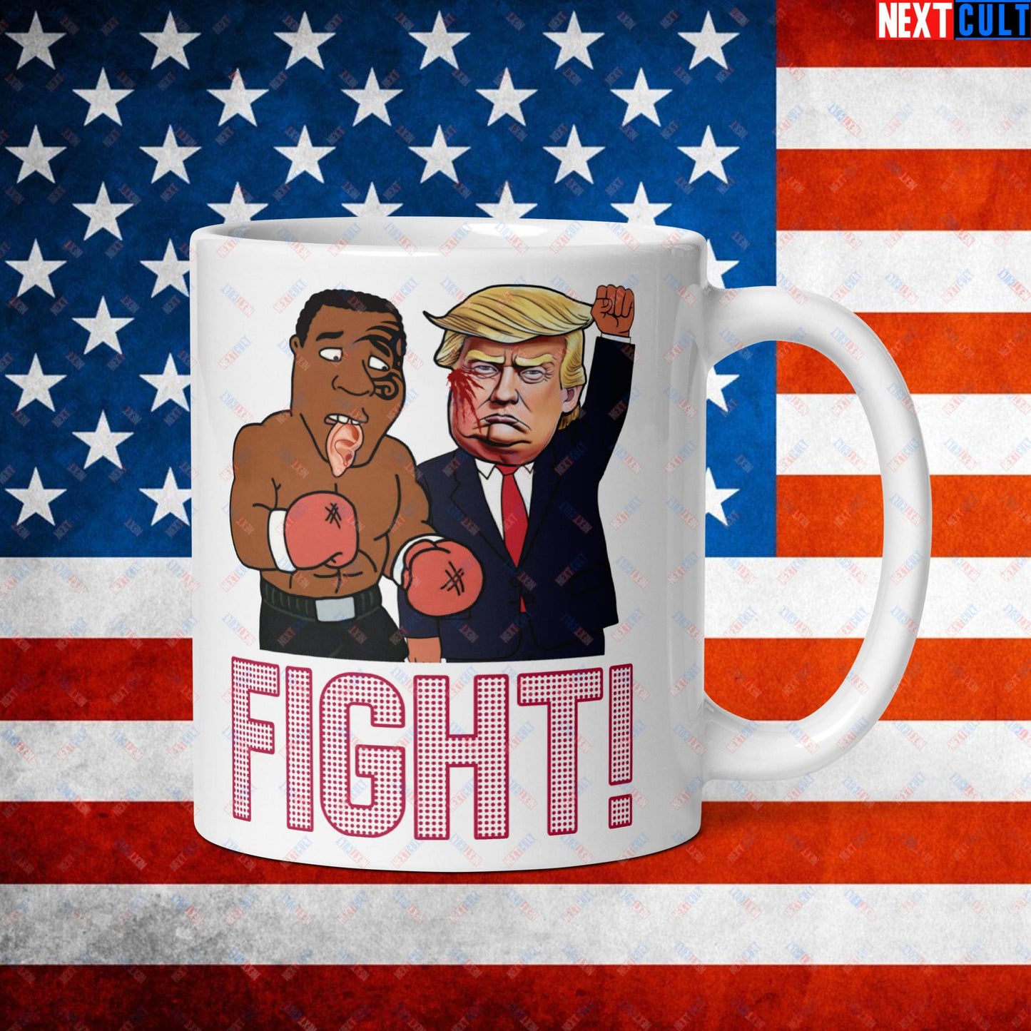 Fight Donald Trump Shooting Meme Funny Mike Tyson Ear White glossy mug Default Title Mugs Boxing Conspiracy Theories Donald Trump Mike Tyson Politics Republicans Next Cult Brand