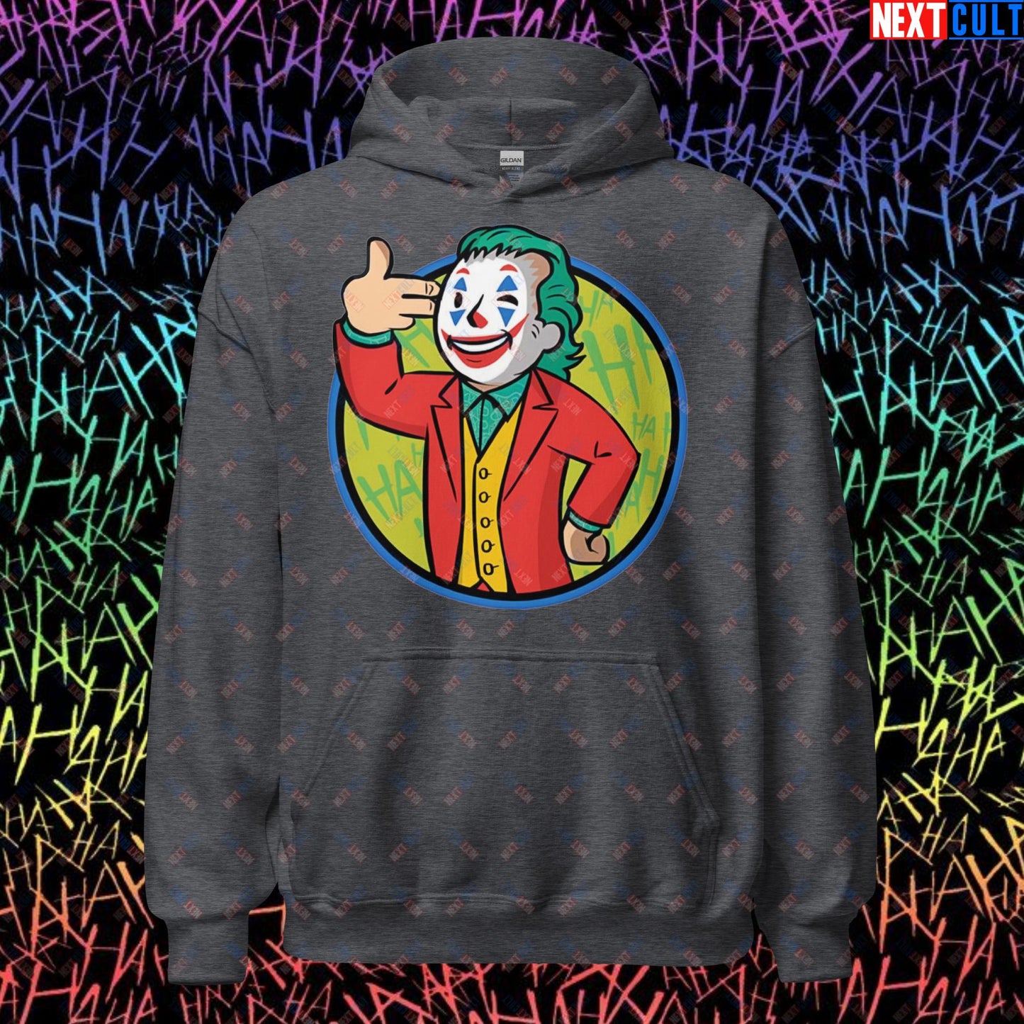 Funny Boy Joker Vault Boy Fallout Funny Cartoon Mashup Unisex Hoodie Dark Heather Hoodies Joaquin Phoenix Joker Movies Next Cult Brand