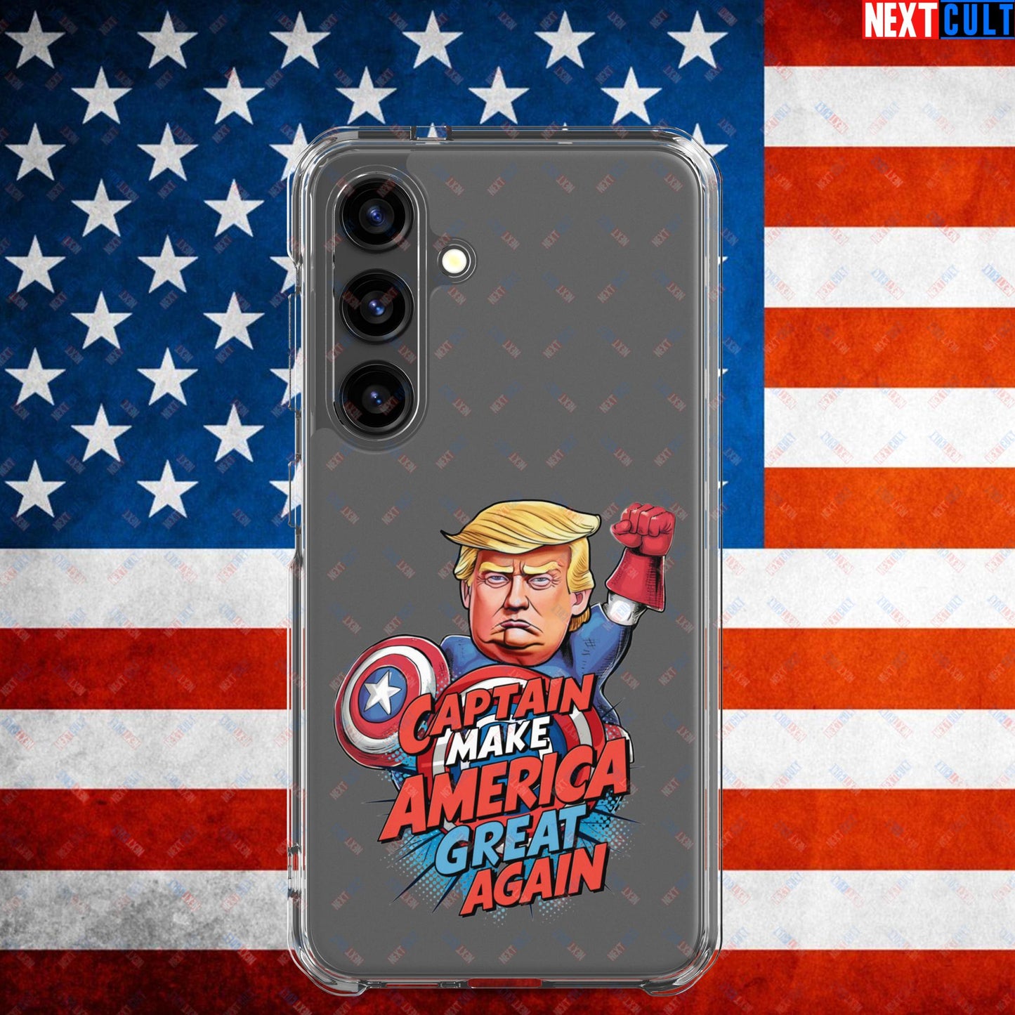 Funny Donald Trump Captain Make America Great Again MAGA Clear Case for Samsung Samsung Galaxy S24 Mobile Phone Cases Conspiracy Theories Donald Trump Politics Republicans Next Cult Brand