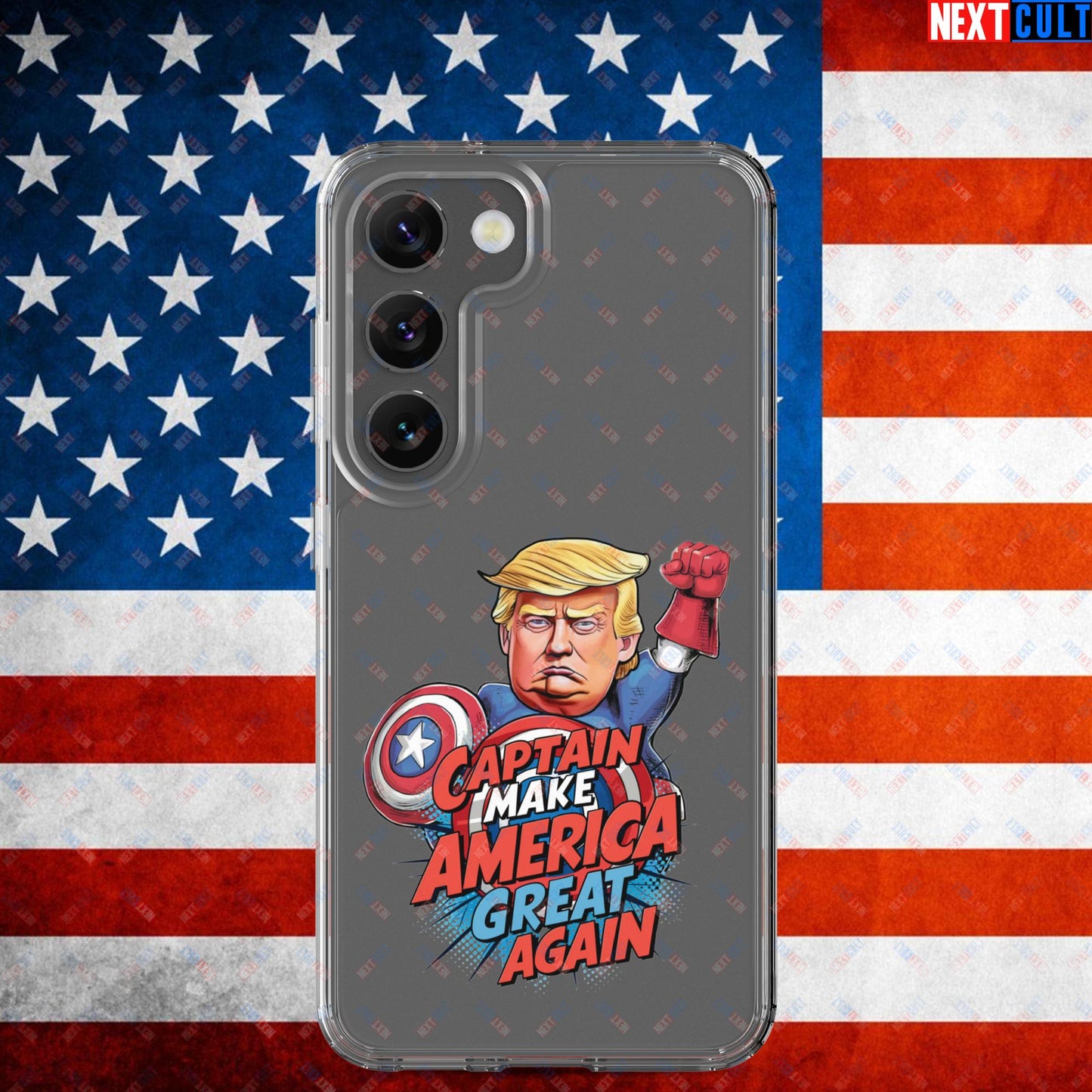 Funny Donald Trump Captain Make America Great Again MAGA Clear Case for Samsung Samsung Galaxy S23 Mobile Phone Cases Conspiracy Theories Donald Trump Politics Republicans Next Cult Brand