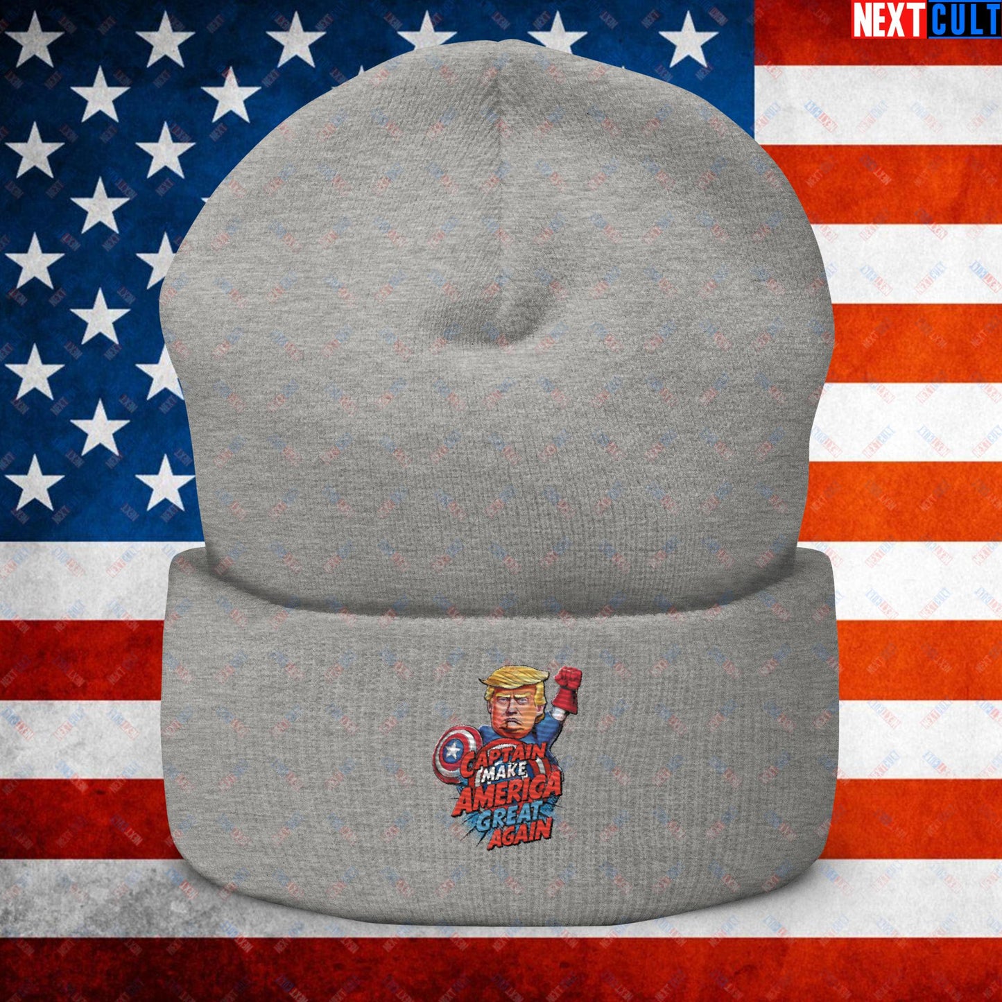 Funny Donald Trump Captain Make America Great Again MAGA Cuffed Beanie Heather Grey Hats Conspiracy Theories Donald Trump Politics Republicans Next Cult Brand