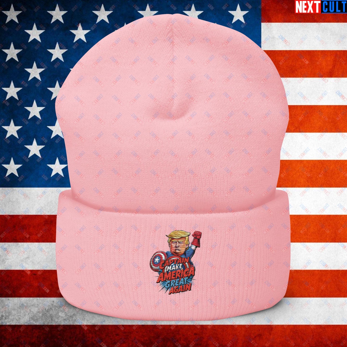 Funny Donald Trump Captain Make America Great Again MAGA Cuffed Beanie Baby Pink Hats Conspiracy Theories Donald Trump Politics Republicans Next Cult Brand