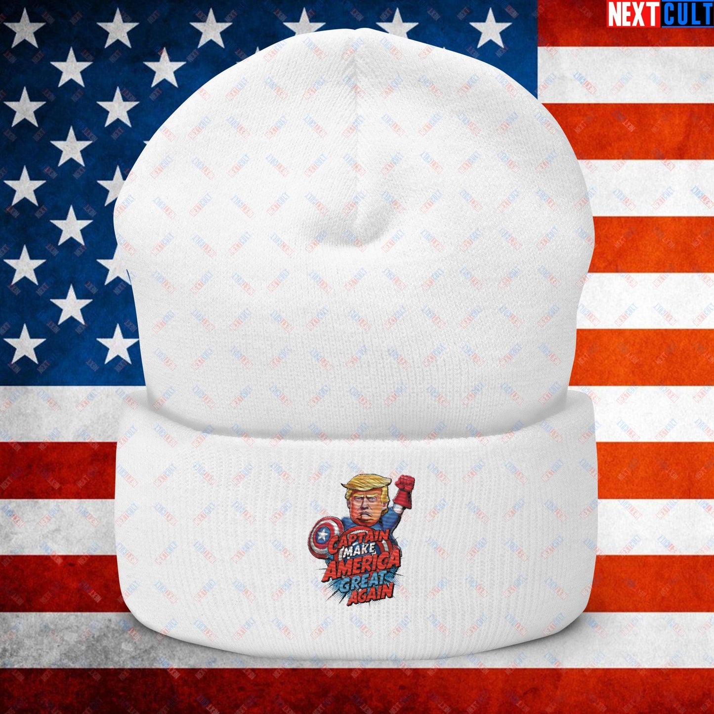 Funny Donald Trump Captain Make America Great Again MAGA Cuffed Beanie White Hats Conspiracy Theories Donald Trump Politics Republicans Next Cult Brand